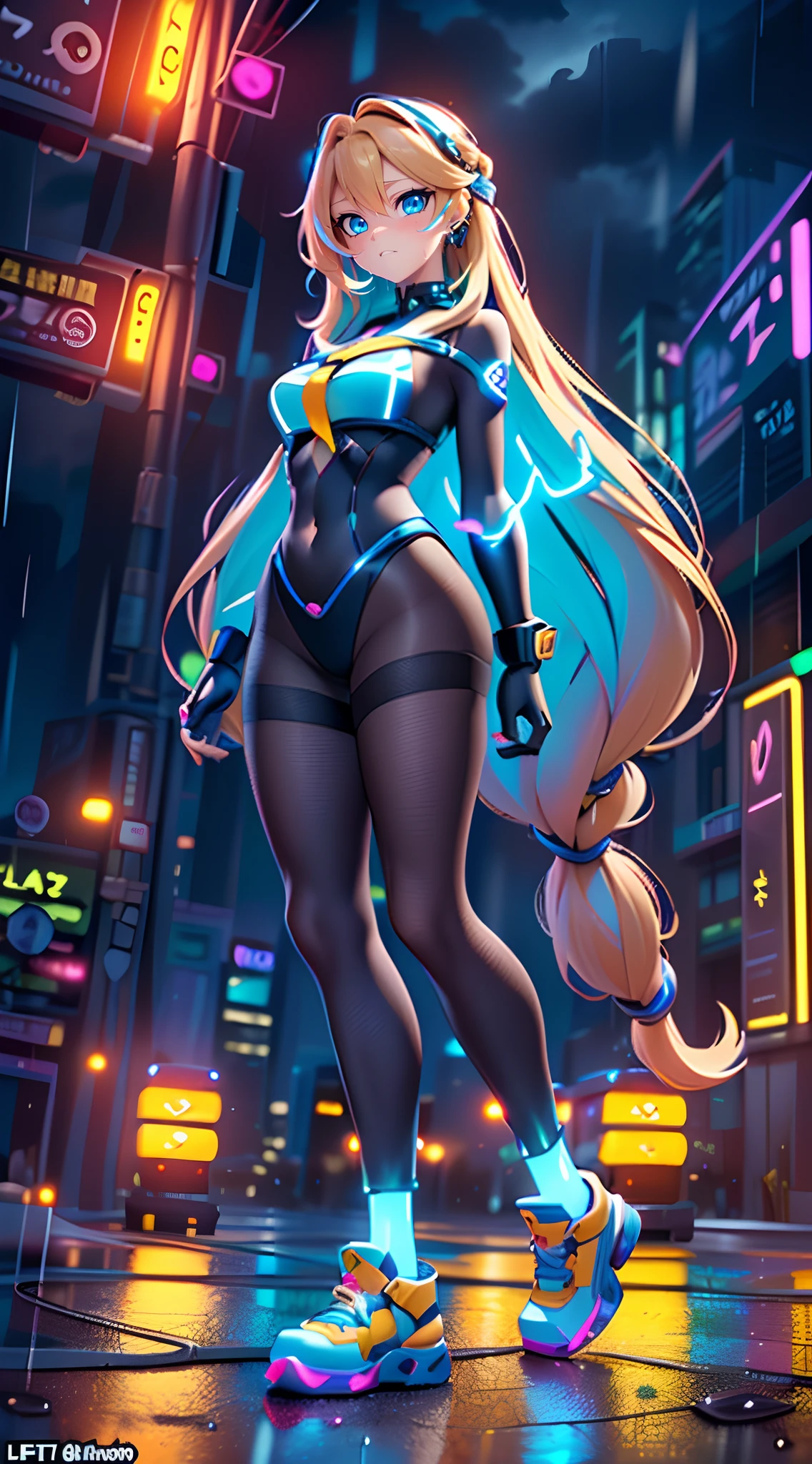 (Dynamic Angle:1.4), ((Full body posing:1.5), (Colorful:1.2), (Highly detailed CG Unity 16K wallpaper:1.1), (Denoising strength: 1.45), (tmasterpiece:1.37), ((Official art)), of the highest quality, (Realistic), Green Cyber Girl, 2 head body,Deformed Character,cute expression, (Super long hair:1.6),voluminous hair,Hair in motion,Golden hair,Glowing eyes,(blue eyess:1.2), wires, (LED:1.3), (a hologram:1.2), futuristic city street, Neon light, Skyscrapers, (Night:1.2), (Rain:1.2), (Rainbow Model:1.2), 8K resolution, (Anime style:1.3), Cinematic lighting, chromatic abberation, spark of light, Ray tracing, blending, ultra wide-angle,  Hasselblad, (masutepiece), (masutepiece), ((Best Quality)), ((masutepiece)), nffsw