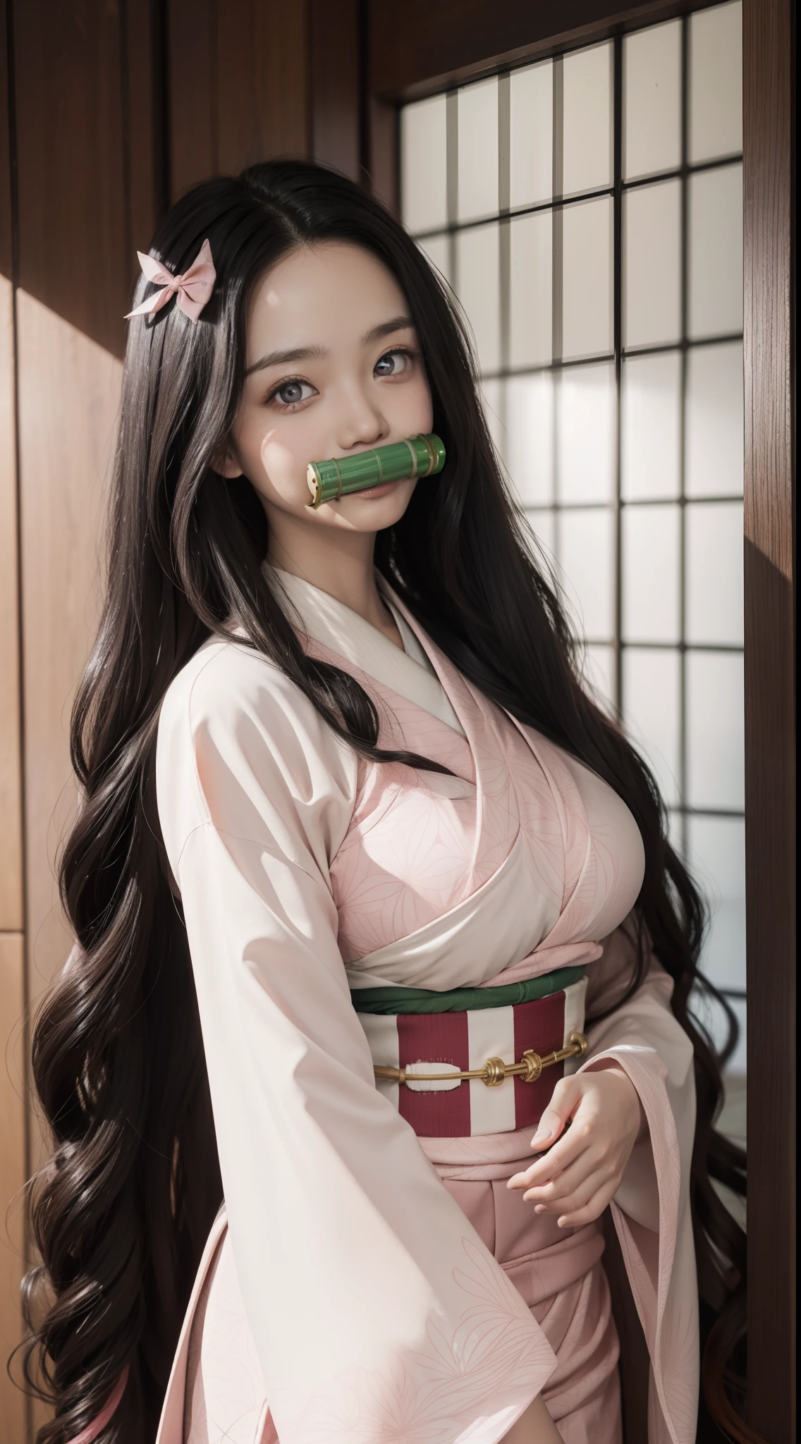 nezukokamado, nezuko kamado, bamboo, (bit gag:1.5), black hair, (forehead:1.5), gag, gagged, hair ribbon, long hair, multicolored hair, (pink eyes:1.5), orange hair, slit pupils, wavy hair, two-tone hair,
BREAK asa no ha (pattern), checkered sash, haori, japanese clothes, kimono, long sleeves, obi, pink kimono, sash, wariza,  wide sleeves,
BREAK looking at viewer,
BREAK indoors,
BREAK (masterpiece:1.2), best quality, high resolution, unity 8k wallpaper, (illustration:0.8), (beautiful detailed eyes:1.6), extremely detailed face, perfect lighting, extremely detailed CG, (perfect hands, perfect anatomy), big boobs
