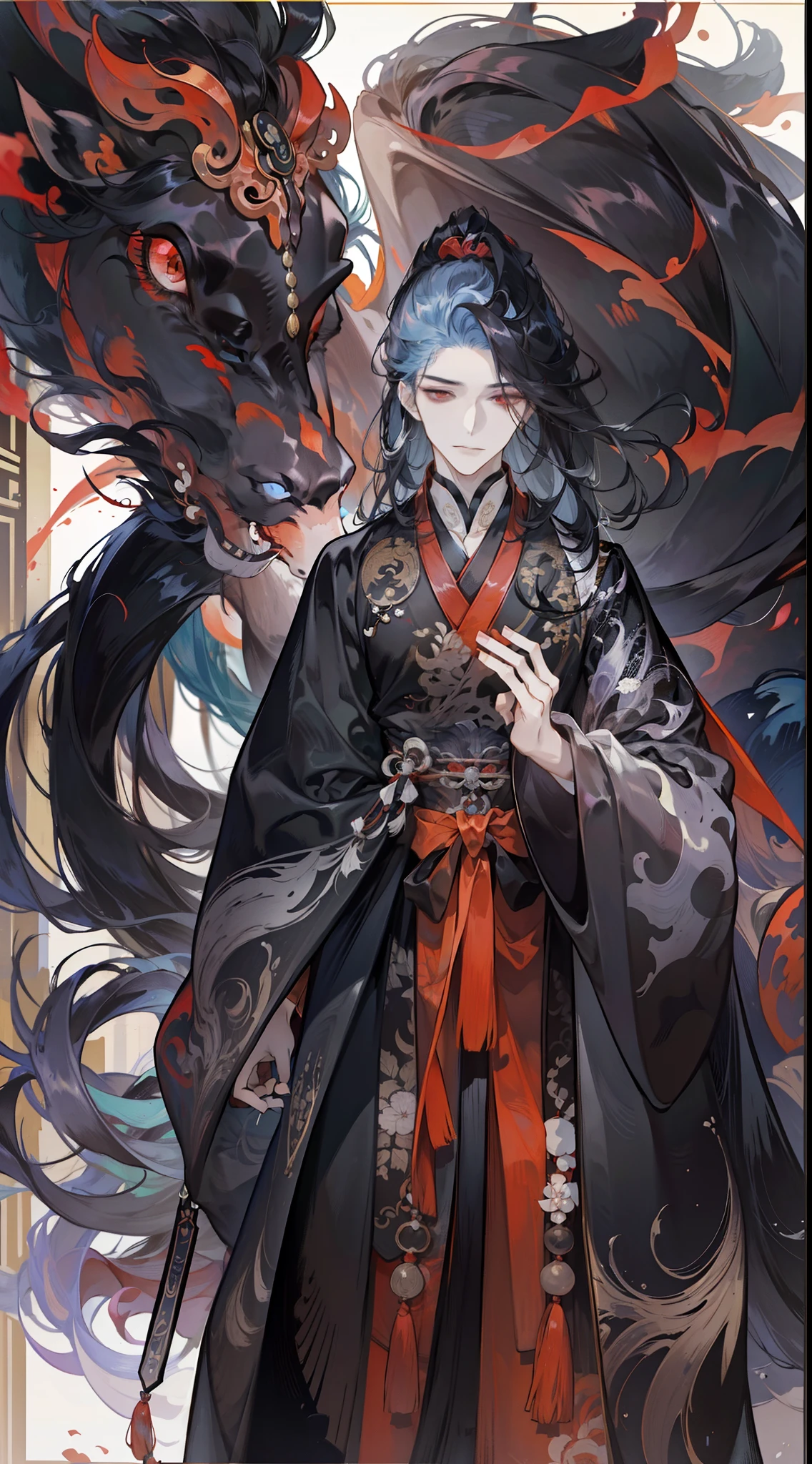 Hmong teenager,Exotic,Witchcraft,Libido boy,male people,Handsome,Hmong male,Ancients in red and black robes,Ancient wind,Black hair, Black hair, crossed bangs, long whitr hair, Messy hair, Floating hair, Expressive hair, Hairline, Tentacle hair, Moles under eyes, Raised eyebrows, Semi-closed Eyes, eyeball, Red eyes, long eyelasher, Light smile, Evil smile, Scowl, Seductive smile, , hyper HD, Masterpiece, Super detail, High details, high qulity, 16k,Anime characters with black hair and white horses, flowing hair and long robes, heise jinyao, beautiful male god of death, handsome guy in demon killer art, onmyoji portrait, Inspired by Seki Dosheng, by Yang J, zhao yun, Beautiful androgynous prince, Inspired by Bian Shoumin, Flowing white robe