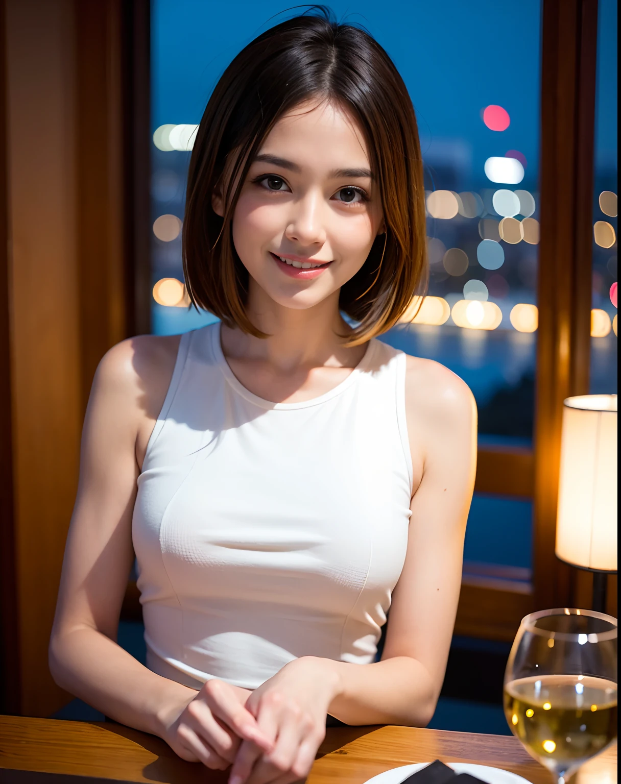 (64K, UHD, top quality, masterpiece: 1.2), (realistic, photorealistic: 1.37), super detailed, pretty woman 1 person, (slim face), (slim body), (brown hair), (short cut), cheeks slightly blushing, (44 years old), 38 years old, solo, beautiful detailed urban night view outside the window, restaurant, wine glasses sit, at night, in a prominent placeNovaFrogStyle, Actress, Model, Waist Up, White Wine, Slim, Wine Glass, Super Clean Night View, Wine Glass Put in the Middle, Happy Smile, (Smile: 1.15), Beautiful Fine Eyes, Upper Body, Bust Japan Up, Night, Short, Short, Actress, Model, Waist Up, White Wine, Slim, Wine Glass, Super Clean Night View, Wine Glass Put in the Middle, Happy Smile,