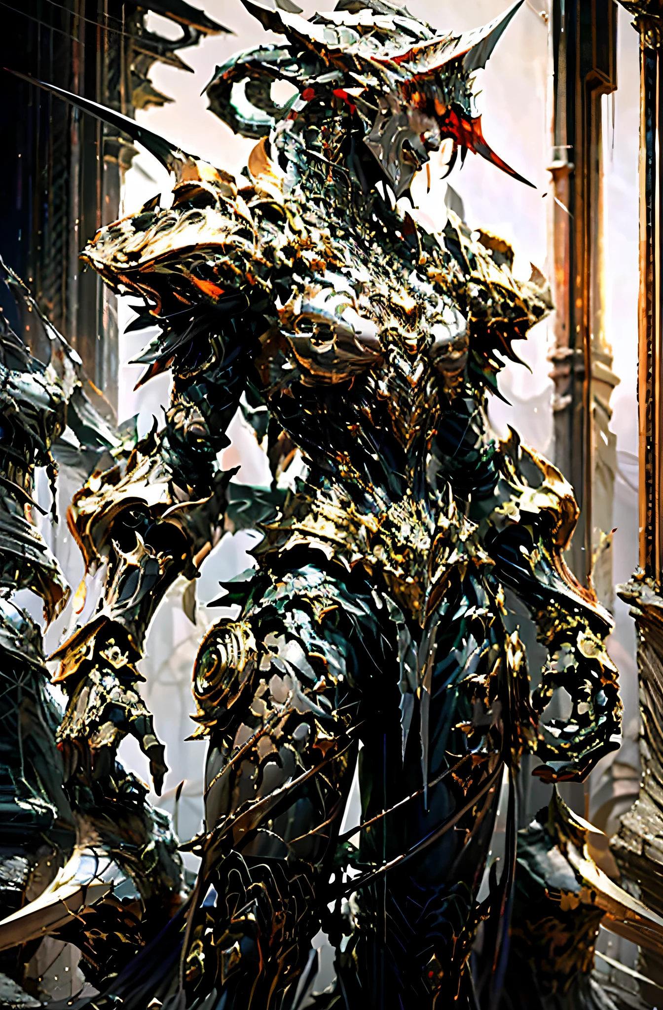 arafed image of a man in armor with a sword, intricate ornate armor, intricate armor, intricate fractal armor, ornate armour, style of raymond swanland, Gorgeous armor full of thorns, Intricate metal armor, beautiful biomechanical djinn, Stunning armor, ornate armour, Plating armor complex, huge detail, intricate assasin mecha armor, Intricate metal armor