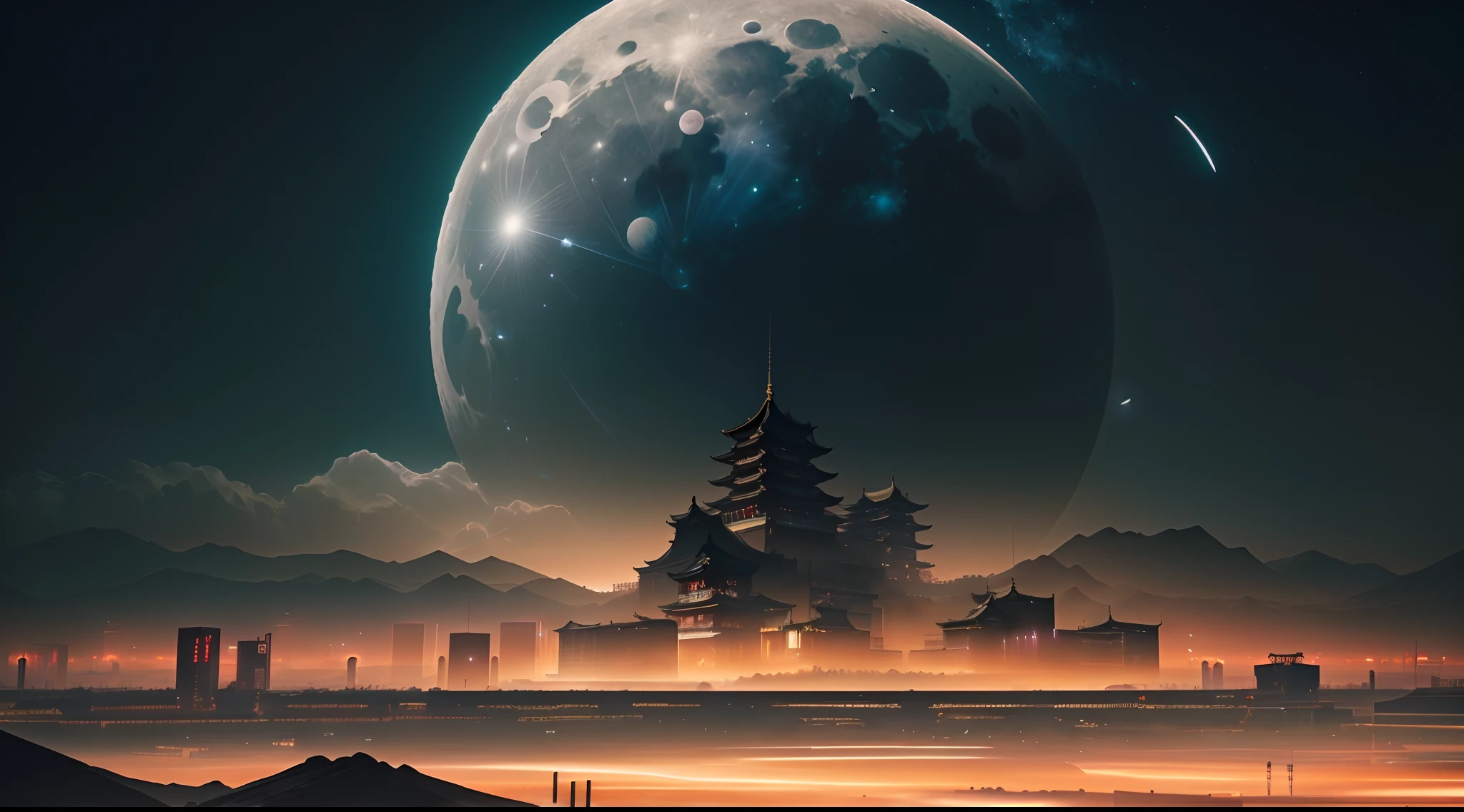 Photo taken from afar in the city with the full moon in the background, cyberpunk chinese ancient castle, 4K highly detailed digital art, arstation and beeple highly, concept art wallpaper 4k, cyberpunk japanese temple, 4 k manga wallpaper, 3d render beeple, artgem and beeple masterpiece, sci-fi fantasy wallpaper