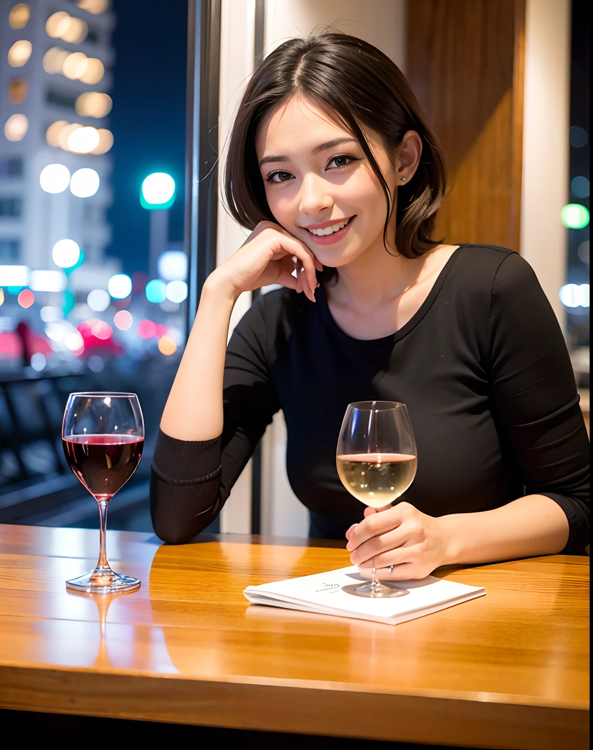 (64K, UHD, top quality, masterpiece: 1.2), (realistic, photorealistic: 1.37), super detailed, pretty woman 1 person, (slim face), (slim body), (brown hair), (short cut), cheeks slightly blushing, (44 years old), 38 years old, solo, beautiful detailed urban night view outside the window, restaurant, wine glasses sit, at night, in a prominent placeNovaFrogStyle, Actress, Model, Waist Up, White Wine, Slim, Wine Glass, Super Clean Night View, Wine Glass Put in the Middle, Happy Smile, (Smile: 1.15), Beautiful Fine Eyes, Upper Body, Bust Japan Up, Night, Short, Short, Actress, Model, Waist Up, White Wine, Slim, Wine Glass, Super Clean Night View, Wine Glass Put in the Middle, Happy Smile,