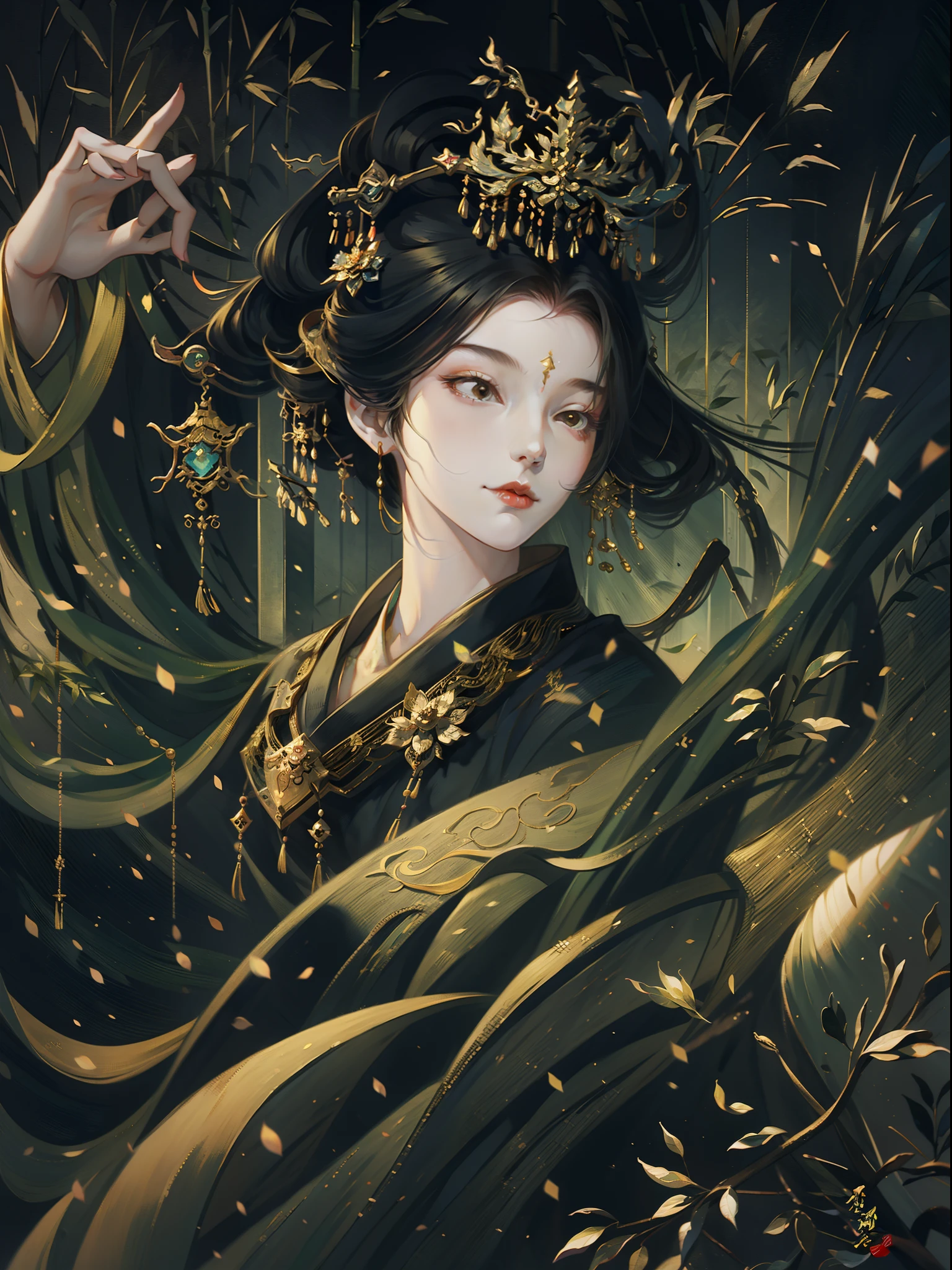 one-girl, ancient Chinese costume, Black clothing,The costume has bamboo leaf embroidery,rays of sunshine, closeup of face,Bamboo leaf details, the 3 d effect