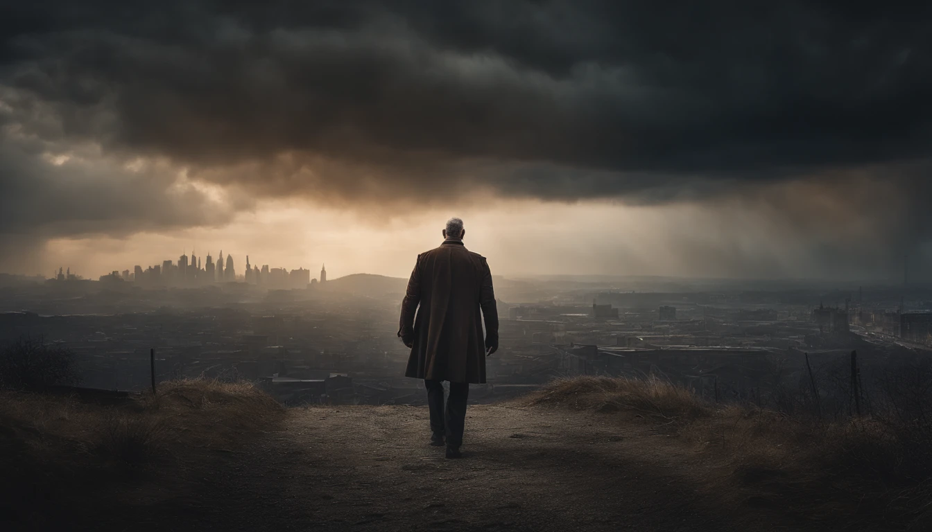 Create a cinematic scene for a movie poster that captures the intense moment when the hero confronts the main antagonist in a post-apocalyptic world, with a dramatic backdrop of a crumbling cityscape and a stormy sky