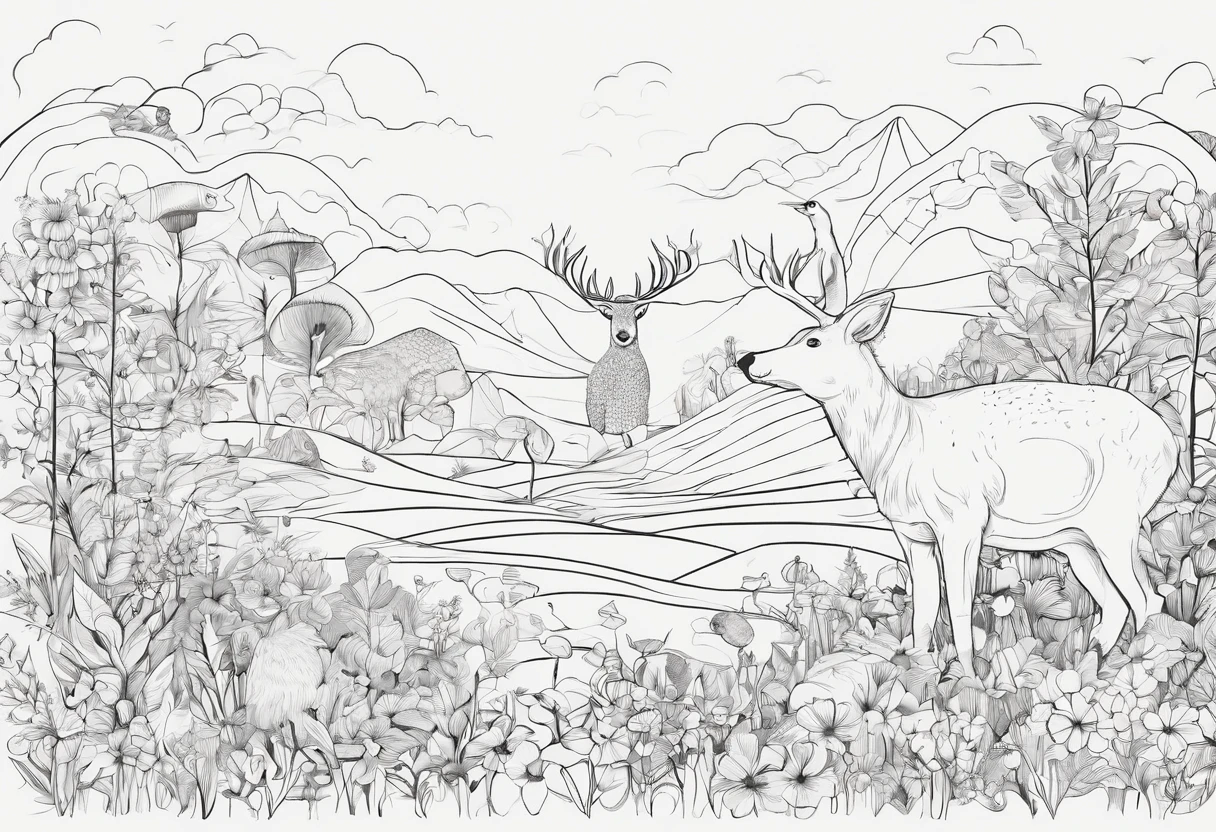 There are photos of various animals in a flower field, line art illustration,  ln the forest, Hand drawn illustrations, illustration,  pattern designs, Fantasy Forest