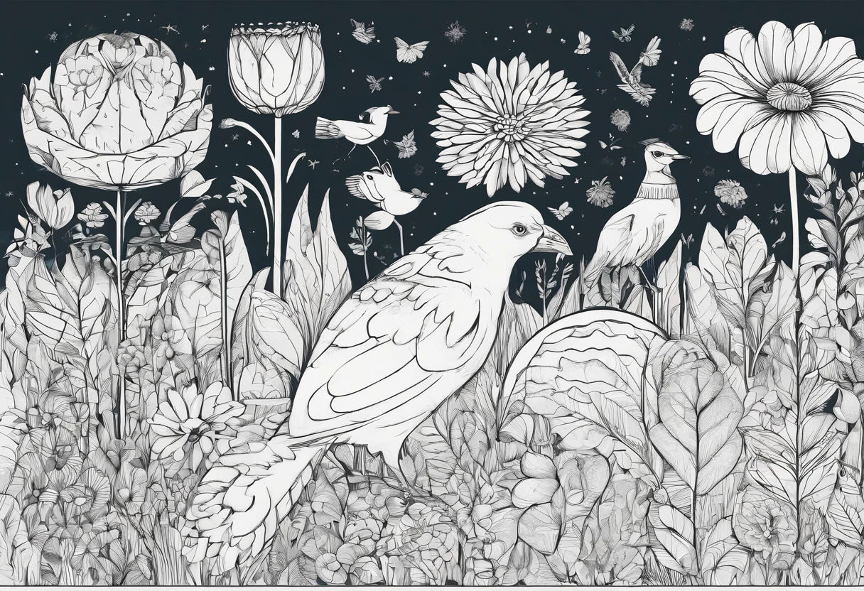 There are photos of various animals in a flower field, line art illustration,  ln the forest, Hand drawn illustrations, illustration,  pattern designs, Fantasy Forest