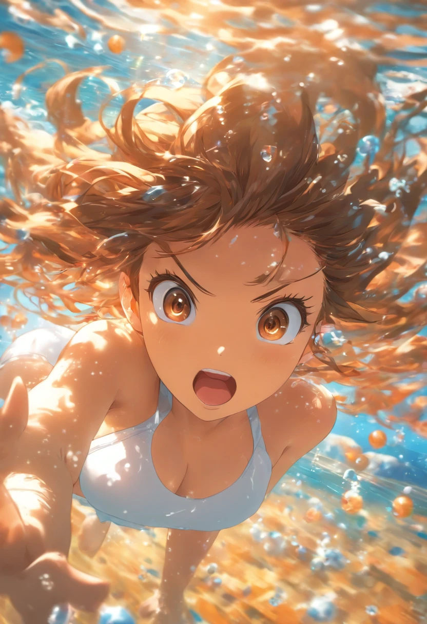 foreshortening,  depth of fields, masutepiece, Best Quality, 1girl in, Brown hair, Brown eyes,  Long hair, under the water, Air bubble, Solo, Looking at Viewer, white bikini, Swimming,  Dappled sunlight,