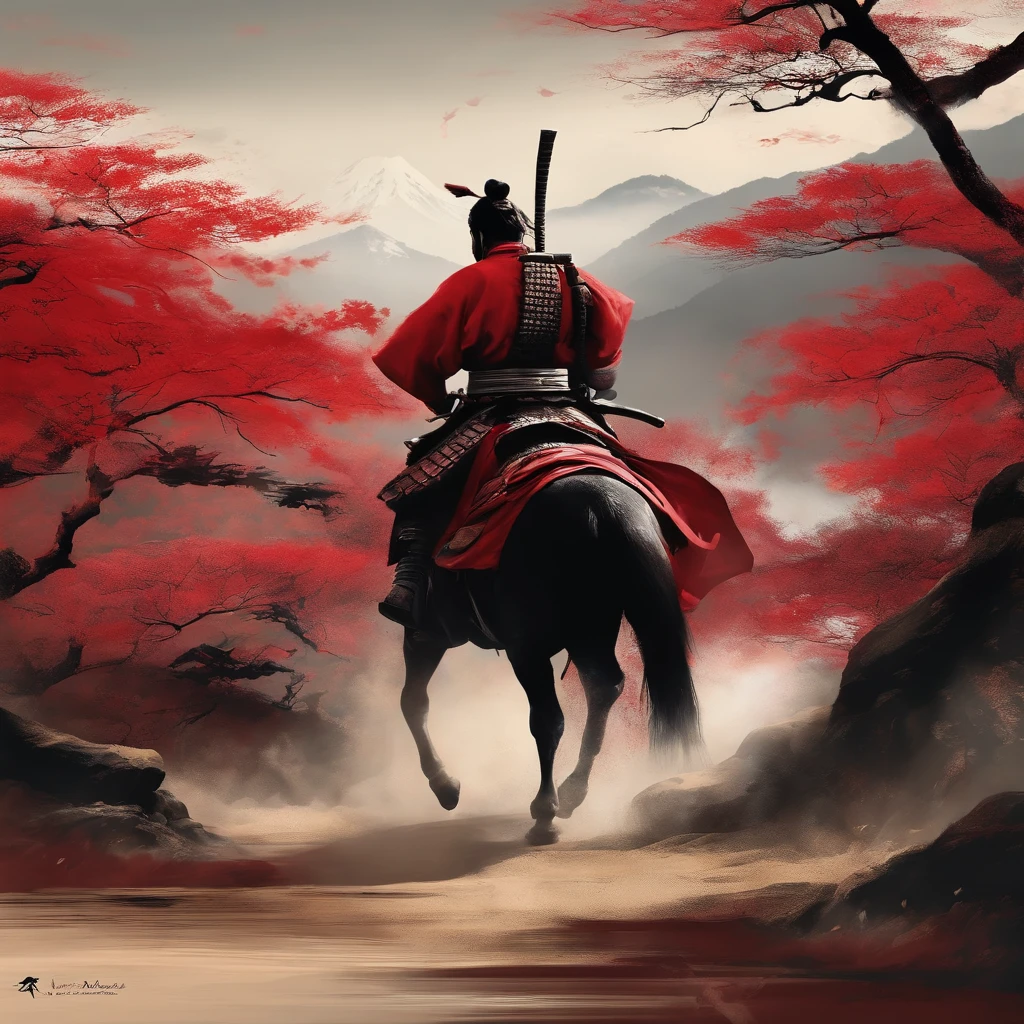 Samurai Japan first rank，fundo vermelho，Ink painting style