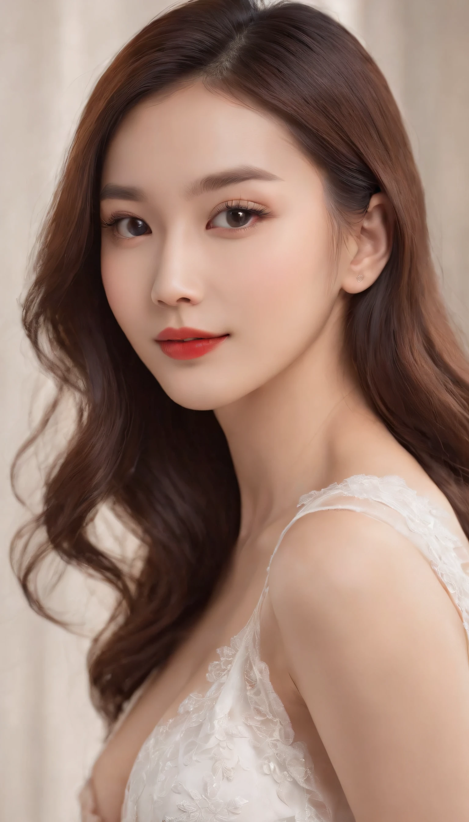 Full body portrait of a beautiful Chinese girl,She sat on the bed,facing to audience,Expose slender legs,Delicate round face,of long curly white hair,Exquisite facial features,watery big eyes,Perfect double eyelids,Seductive red lips,Perfect lip shape,Perfect eyebrow shape,The smile reveals two small dimples,She has a perfect figure,Radiant fair skin,She wears a delicate bra,Reveals delicate collarbones,Pure lust,White sheets,Fluffy white pillows,8K distribution rate,Ultra-clear,detail-rich,Works of masters,Highly realistic,album covers,classicism,high detal