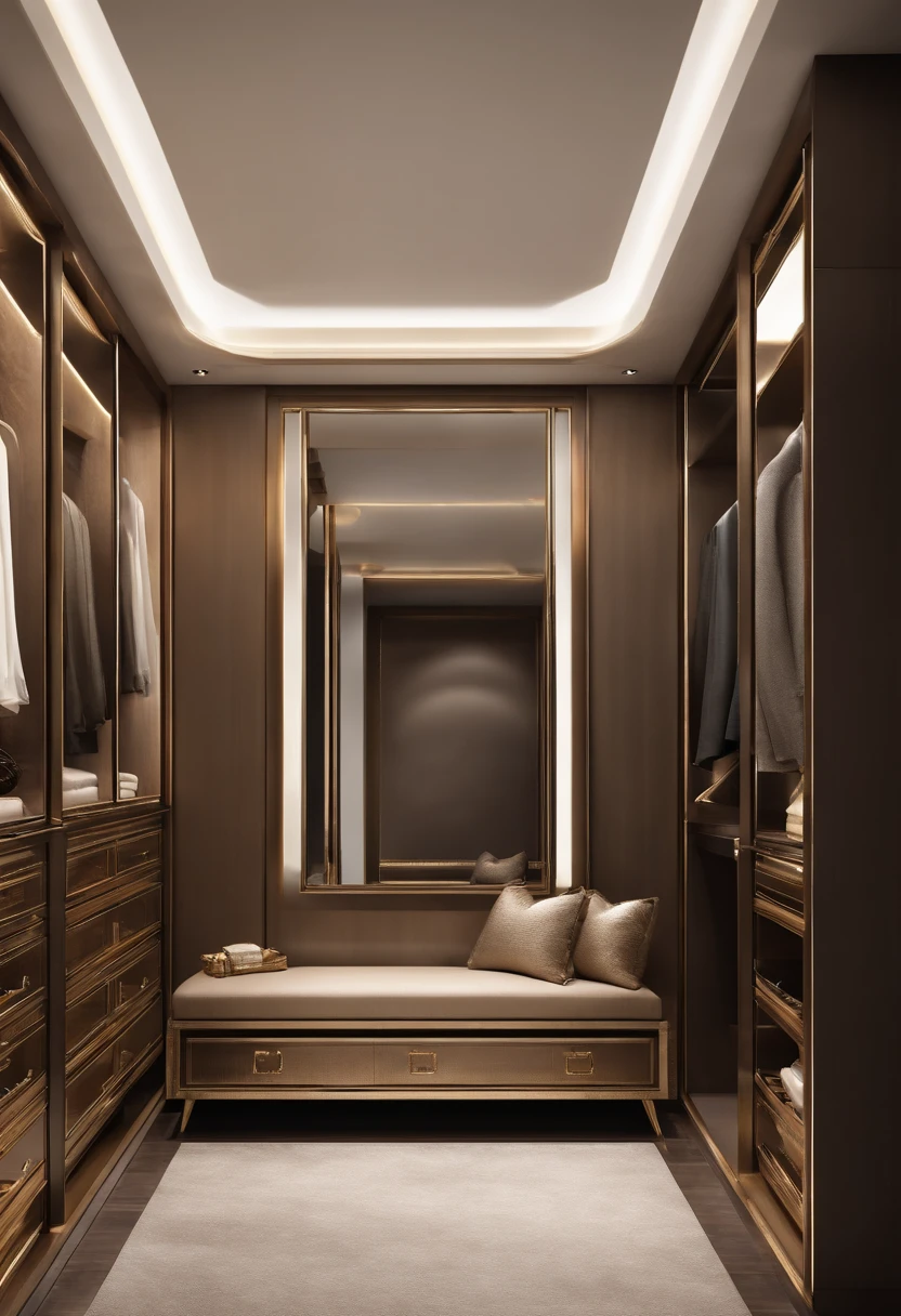 Walk-in closet view with bench and mirror,The wardrobe door panel color is dark brown elegant wardrobe, elegant futuristic wardrobe, luxury item showcase, luxurious environment, luxury hd render, gold and luxury materials, luxury fashion, Luxury materials, elegant and refined, Neat and tidy, luxury brand, Modern style, Luxurious, LuxuryLifestyle, inspo, true realistic image, neo - classical, neo-classical