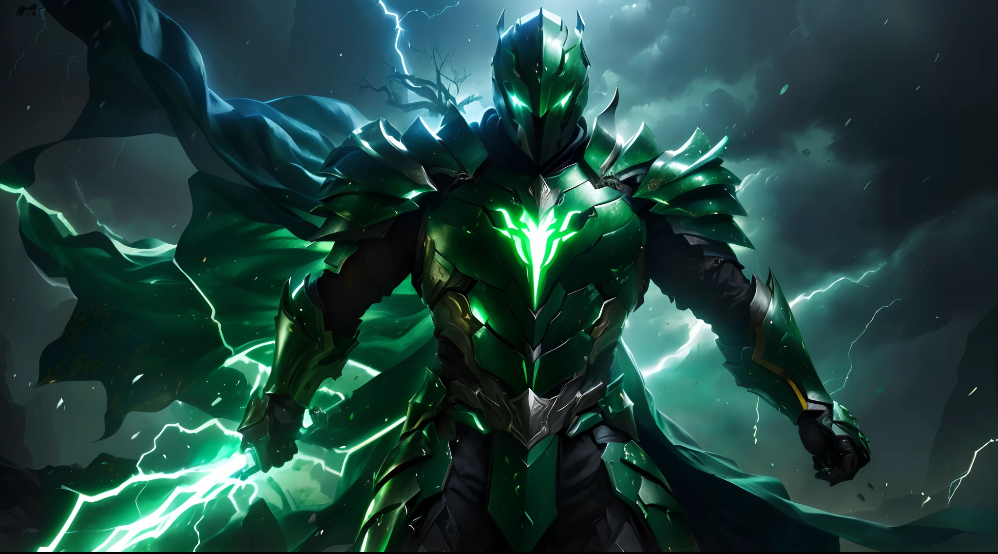 um close up de uma pessoa com um traje verde e preto, armadura verde, usando armadura verde e capacete, metallic green armor, wearing thunder armor, iconic character splash art, usando armadura de batalha verde, Retrato pintado de Mordekaiser, arte oficial splash, Unreal motor 4k papel de parede, amazing portrait of viego, armadura brilhante elegante, Trending in ArtStation 4K