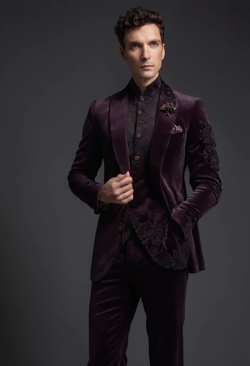 Cinematic photo, wide angle, of a handsom man, tall and fit, 40 years old, (shaven:1.2) , short curly brown hair. dark brown tight velvet suit, (the jacket has black flower patterns:1.2). Minimalistic background, clean composition, strong details, Muted Colours, Hasselblad --style raw