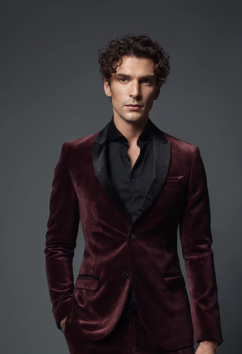 Cinematic photo, wide angle, of a handsom man, tall and fit, 40 years old, (shaven:1.2) , short curly brown hair. dark brown tight velvet suit, (the jacket has black flower patterns:1.2). Minimalistic background, clean composition, strong details, Muted Colours, Hasselblad --style raw