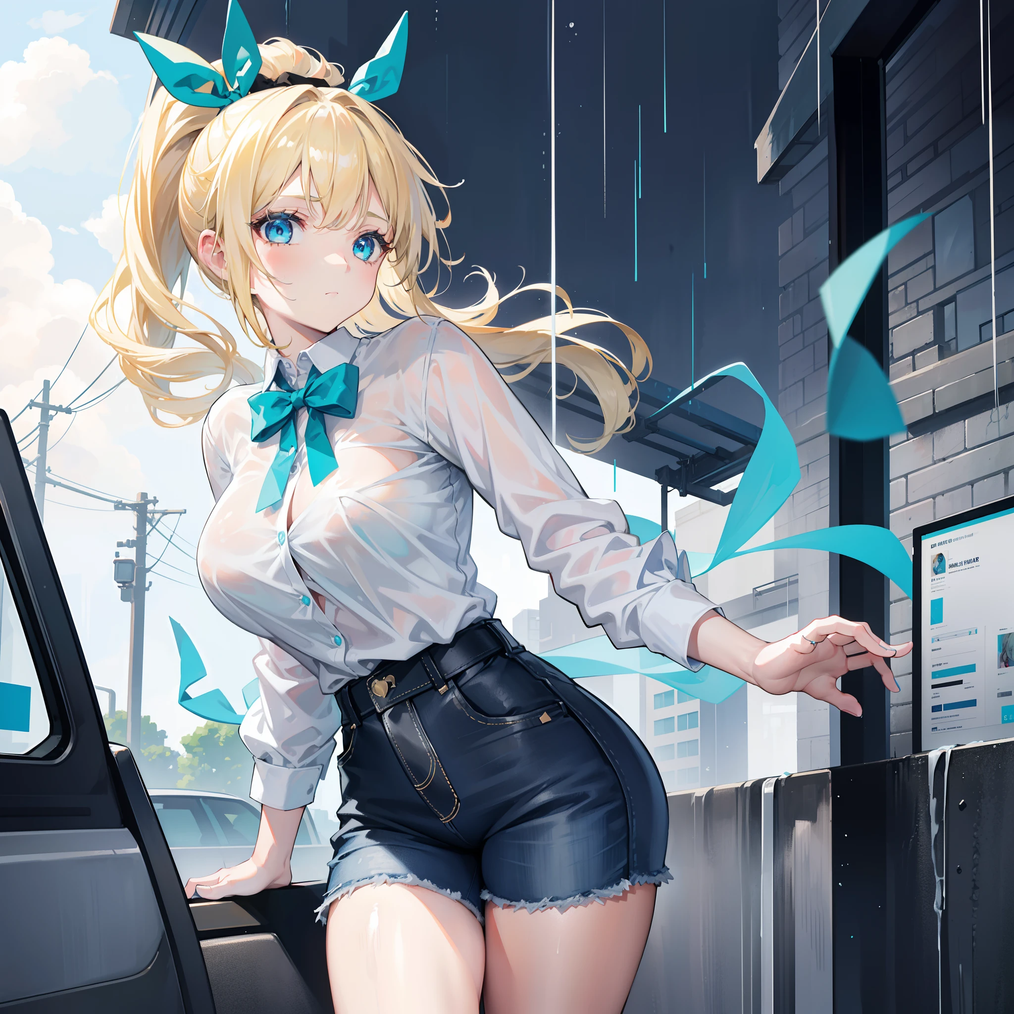 A 13 year old girl with blond hair, turquoise eyes, large breasts, a short ponytail and a black bow tied in the back. wearing a white shirt and blue jeans in the rain
