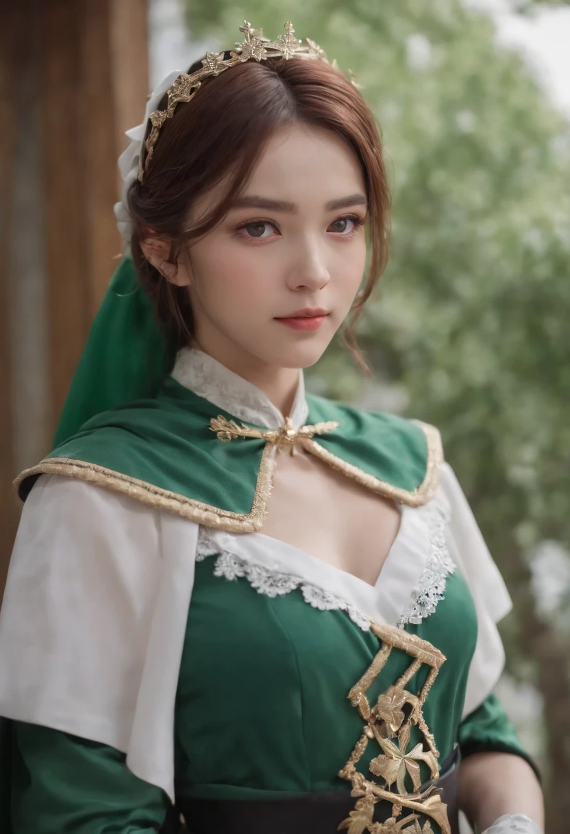 Masterpiece, Best quality, 1girll, Solo, Nahida_Genshin, cross-shaped pupils, Maid outfit, Green cape, standing