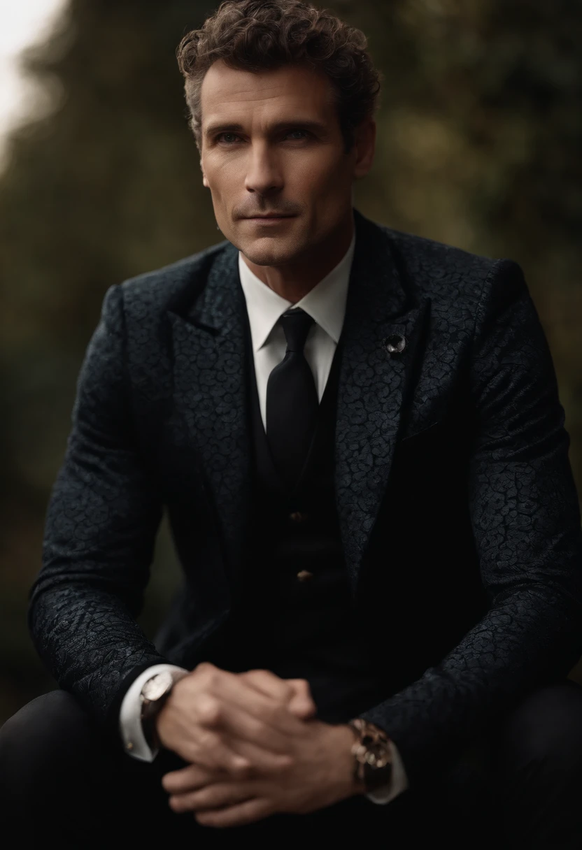 Cinematic photo, wide angle, of a handsom man, tall and fit, 40 years old, (shaven:1.2) , short curly brown hair. dark brown tight velvet suit, (the jacket has black flower patterns:1.2). Minimalistic background, clean composition, strong details, Muted Colours, Hasselblad --style raw