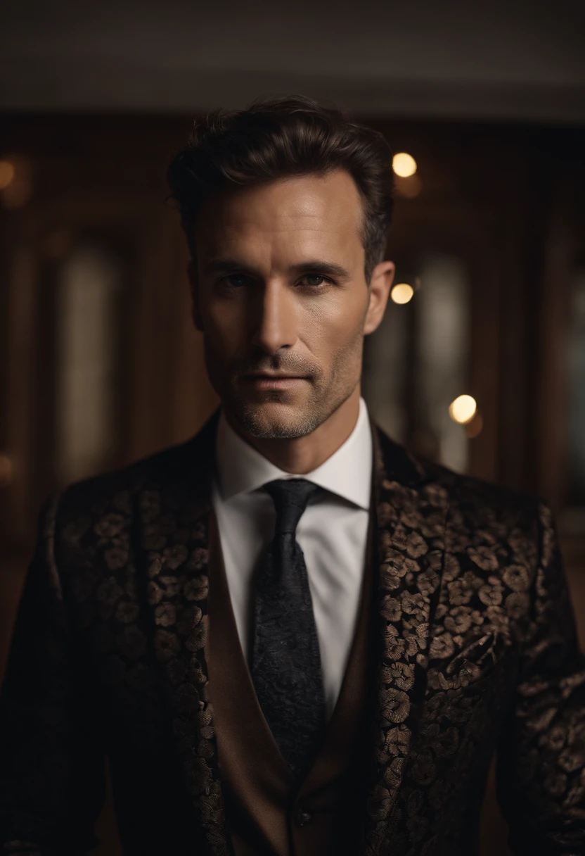 Cinematic photo, wide angle, of a handsom man, tall and fit, 40 years old, (shaven:1.2) , short curly brown hair. dark brown tight velvet suit, (the jacket has black flower patterns:1.2). Minimalistic background, clean composition, strong details, Muted Colours, Hasselblad --style raw