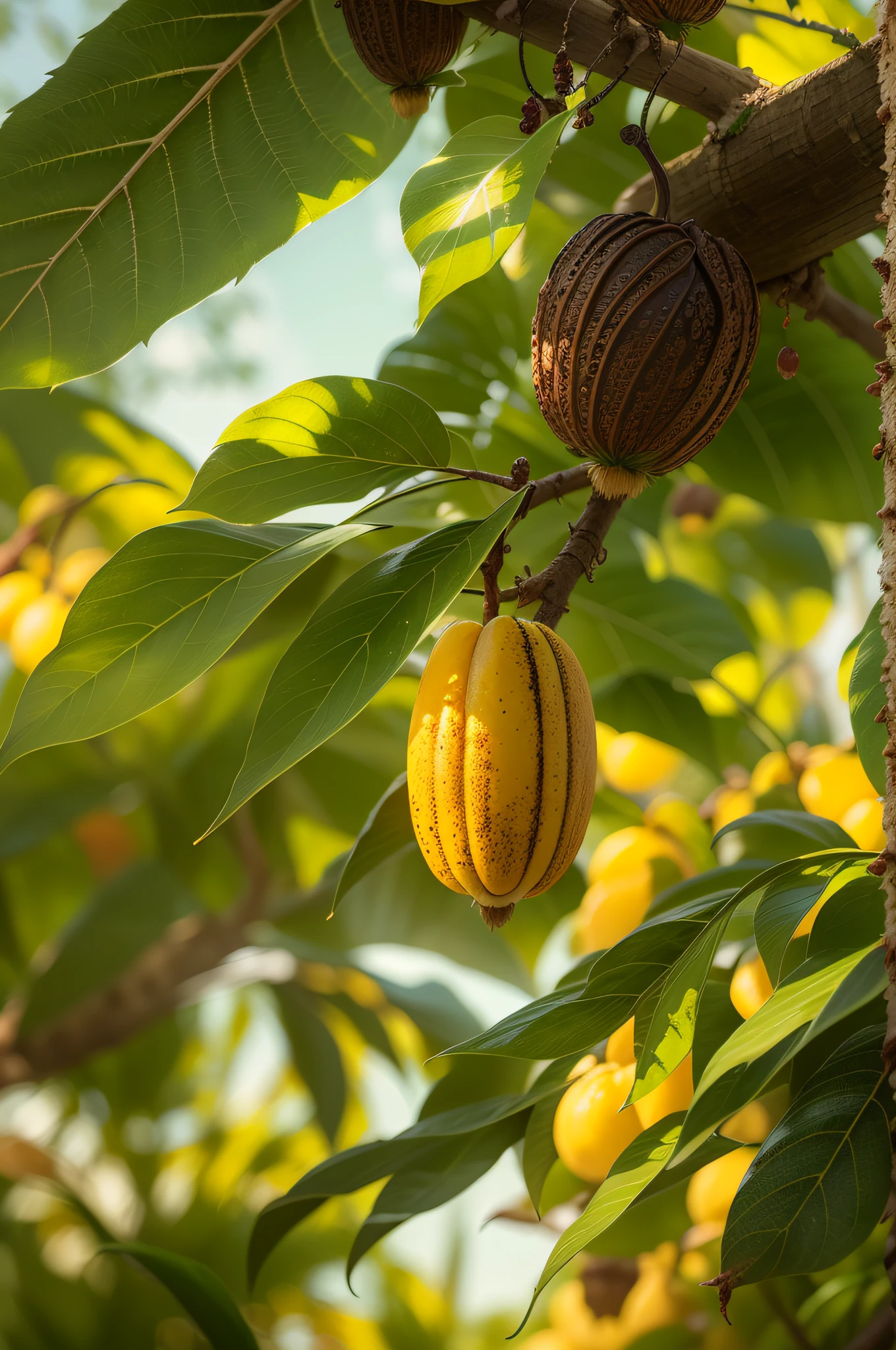 Backlit environment looking at yellow cocoa fruits growing on trees,Sunlight shines through the gaps in the leaves,tmasterpiece,Advertising photography effects, Real details, 8K