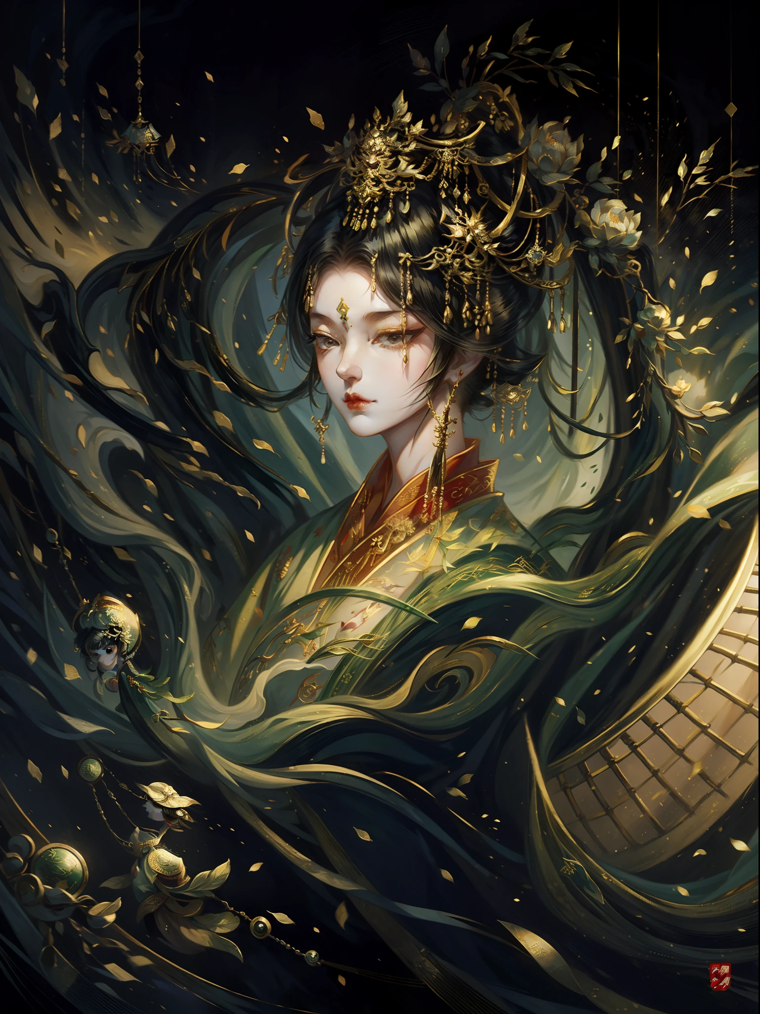 one-girl, ancient Chinese costume, Black clothing,The costume has bamboo leaf embroidery,rays of sunshine, closeup of face,Bamboo leaf details, the 3 d effect