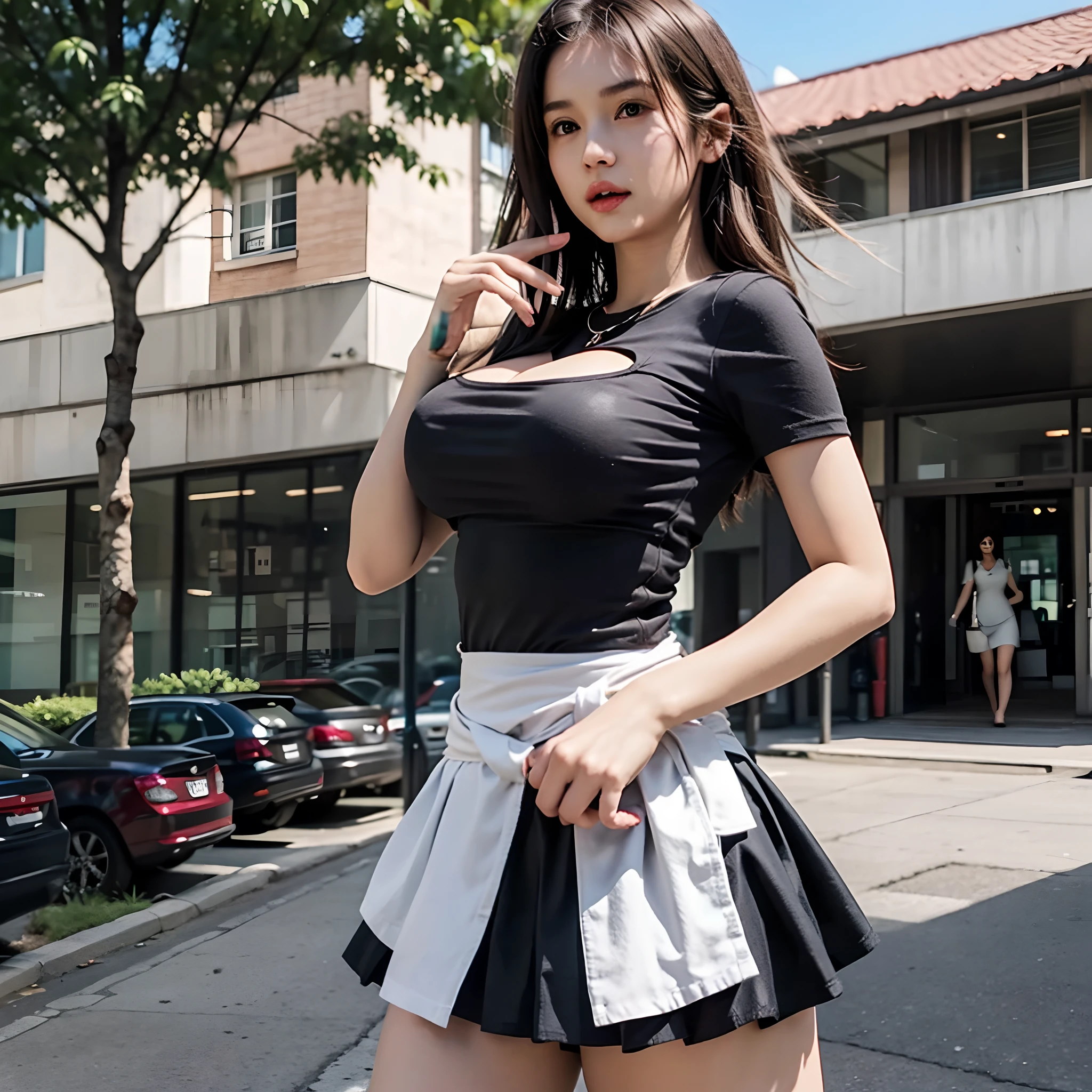 the city street,s girl,(Double twist braid),short skirt,Crop tops,(High-soled sandals),Jade foot manicure,Normal posture,depth of fields, A high resolution, ultra - detailed, filigree, RAWE is very detailed, very detailed eyes and faces, Sharp pupils, realistic pupil, tack sharp focus, cinmatic lighting,full bodyesbian,Bigboobs,long leges,From the front side,banquet,dynamicposes,Normal posture,closeup of face