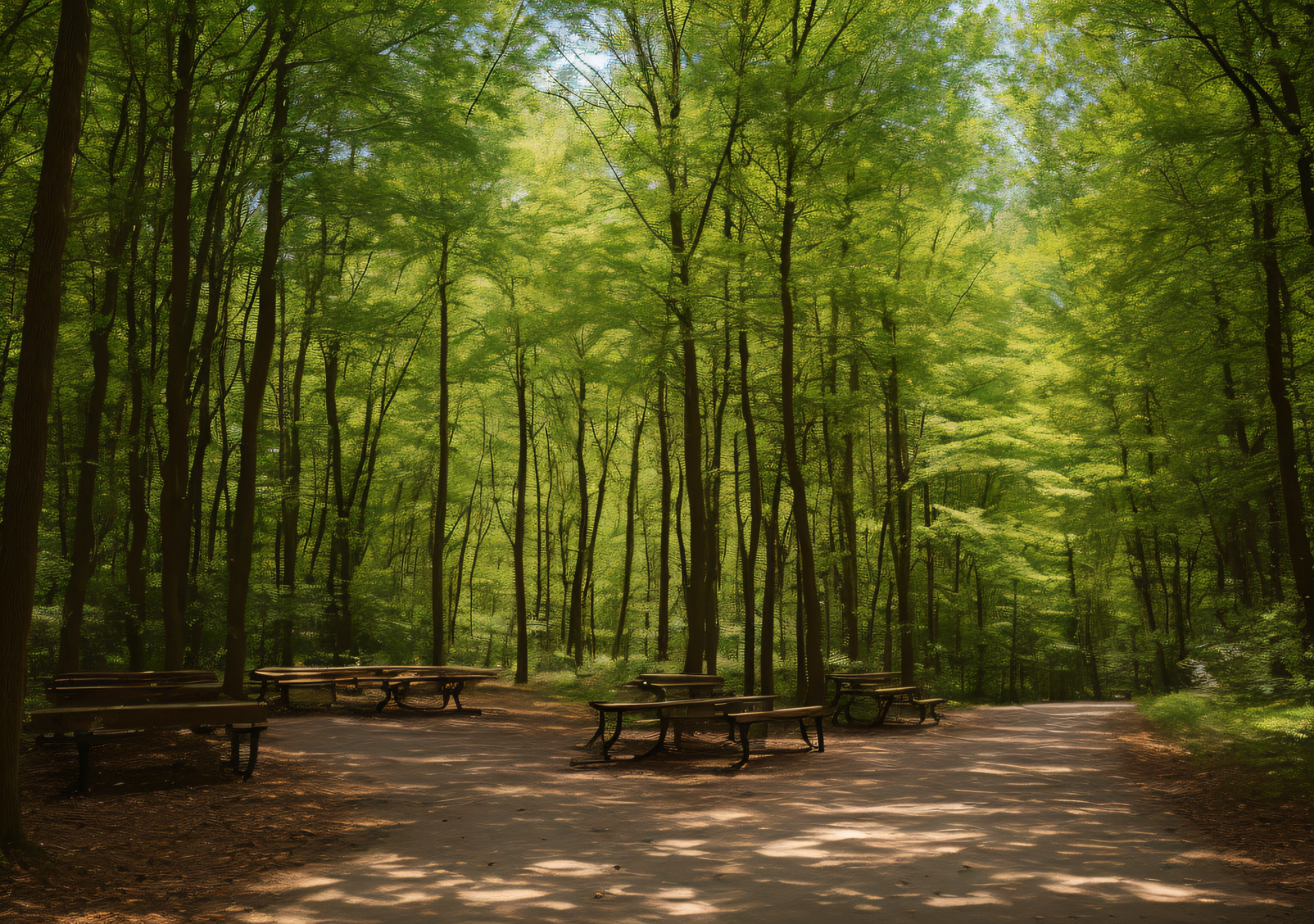 ((beste-Qualit, 8K, tmasterpiece :1.3)), Halloween forest with a road and benches in the shade