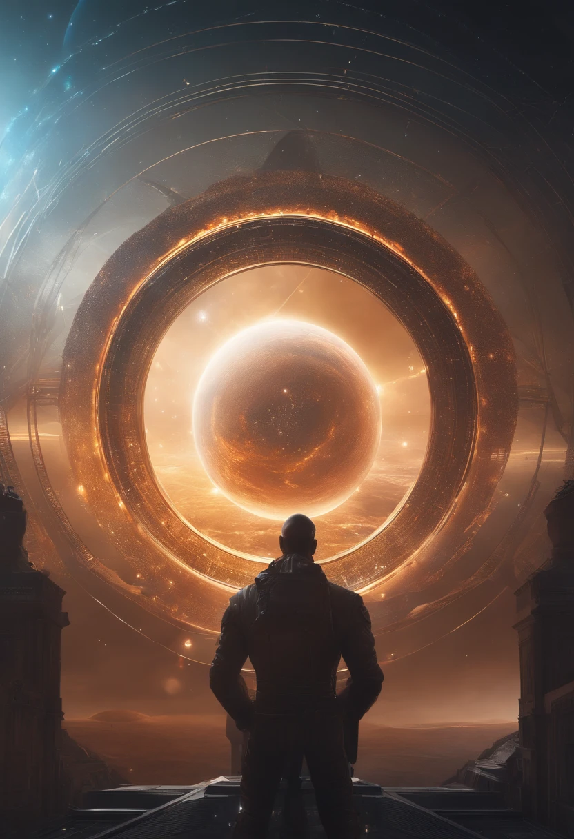 Close-up of diagram of a planetary system with clock, Mid-career multiverse, humanity like cosmic structure, jessica rossier color scheme, Cosmic architecture, borne space library artwork, deep space super structure, Concept illustration, space art concept, Galactic megastructure, arstation and beeple highly, greg beeple