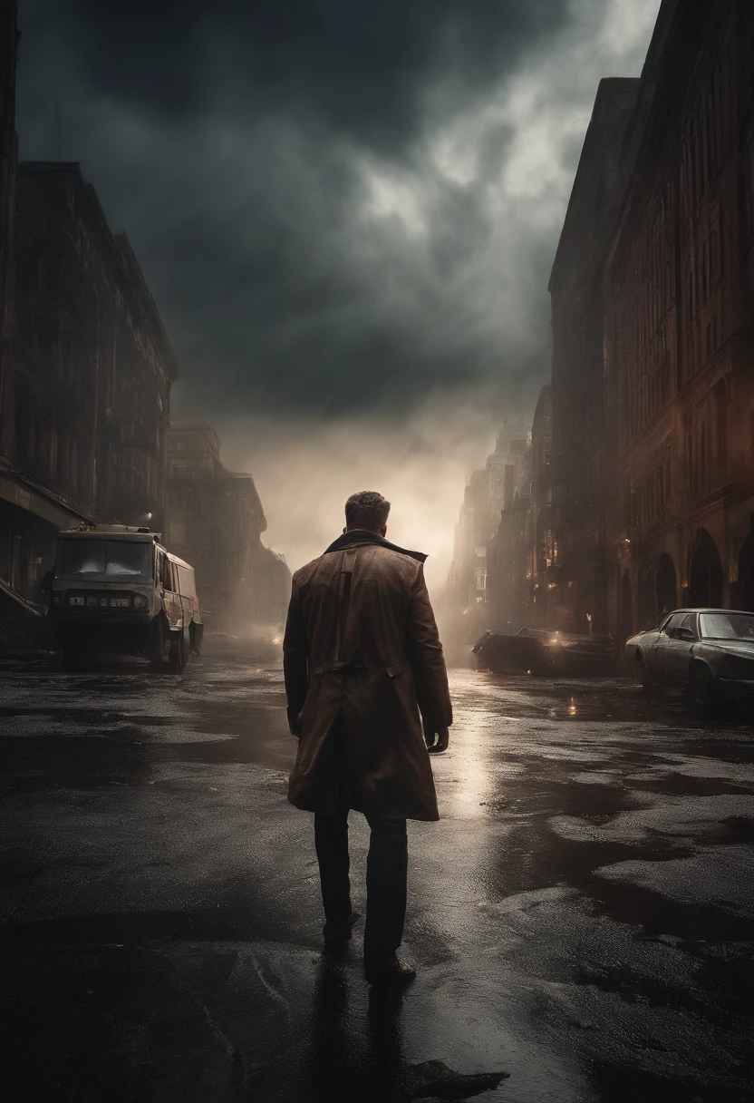 Create a cinematic scene for a movie poster that captures the intense moment when the hero confronts the main antagonist in a post-apocalyptic world, with a dramatic backdrop of a crumbling cityscape and a stormy sky