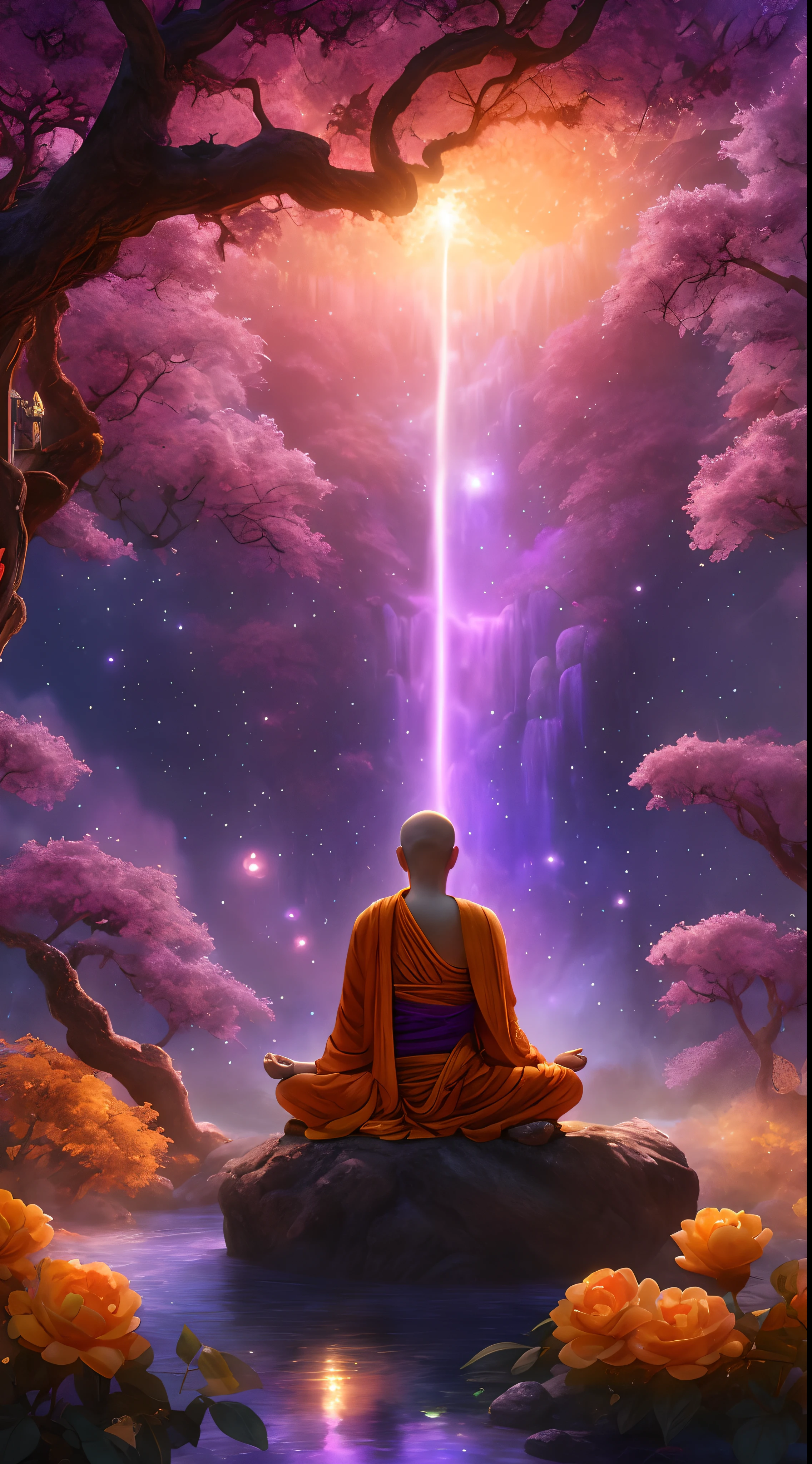 buddha sitting on a rock in a purple forest with a waterfall, cosmic enlightenment, elven spirit meditating in space, monk meditate, spiritual enlightenment, background artwork, highly detailed zen neon, zen méditation cyberpunk, 8k stunning artwork, buddhist monk meditating, 4k highly detailed digital art, beautiful art uhd 4 k, enlightenment, amazing wallpaper