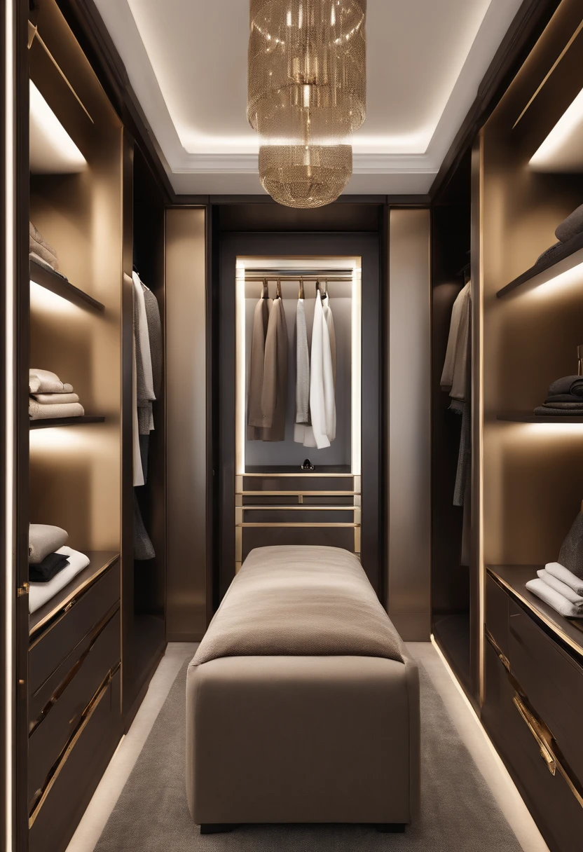 Walk-in closet view with bench and mirror,The color of the wardrobe door panels is brown，Glass wardrobe door，elegant wardrobe, elegant futuristic wardrobe, luxury item showcase, luxurious environment, luxury hd render, gold and luxury materials, luxury fashion, Luxury materials, elegant and refined, Neat and tidy, luxury brand, Modern style, Luxurious, LuxuryLifestyle, inspo, true realistic image, neo - classical, neo-classical