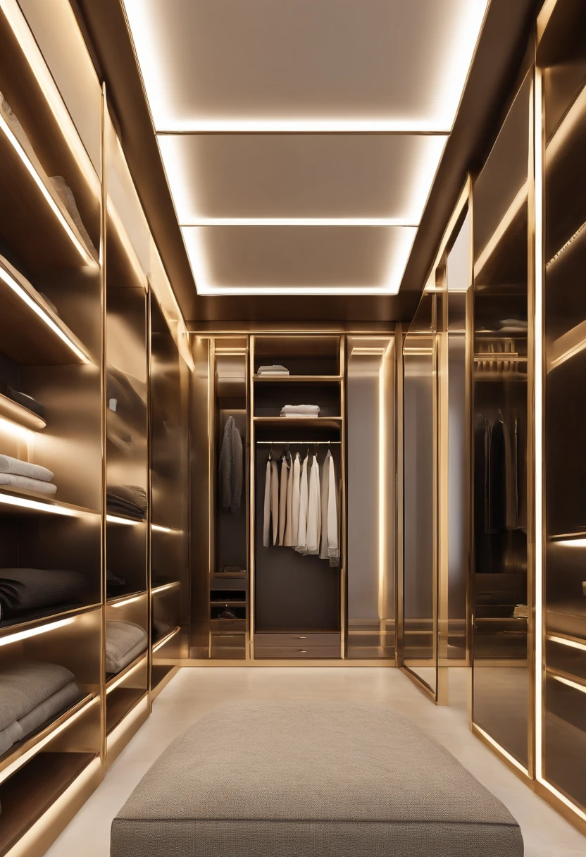 Walk-in closet view with bench and mirror,The color of the wardrobe door panels is brown,Glass wardrobe door,elegant wardrobe, elegant futuristic wardrobe, luxury item showcase, luxurious environment, luxury hd render, gold and luxury materials, luxury fashion, Luxury materials, elegant and refined, Neat and tidy, luxury brand, Modern style, Luxurious, LuxuryLifestyle, inspo, true realistic image, neo - classical, neo-classical