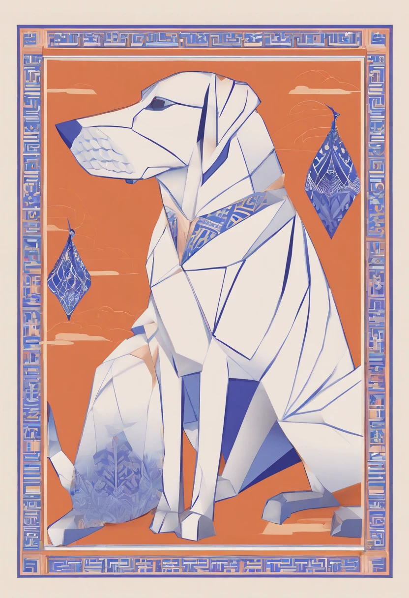 the dog is in bluein this paper cut illustration, in the style of eastern-inspired motifs, lith printing, eye-catching tags, precisionist lines, light purple and cblue, clean and sharp inking, terracotta medallions