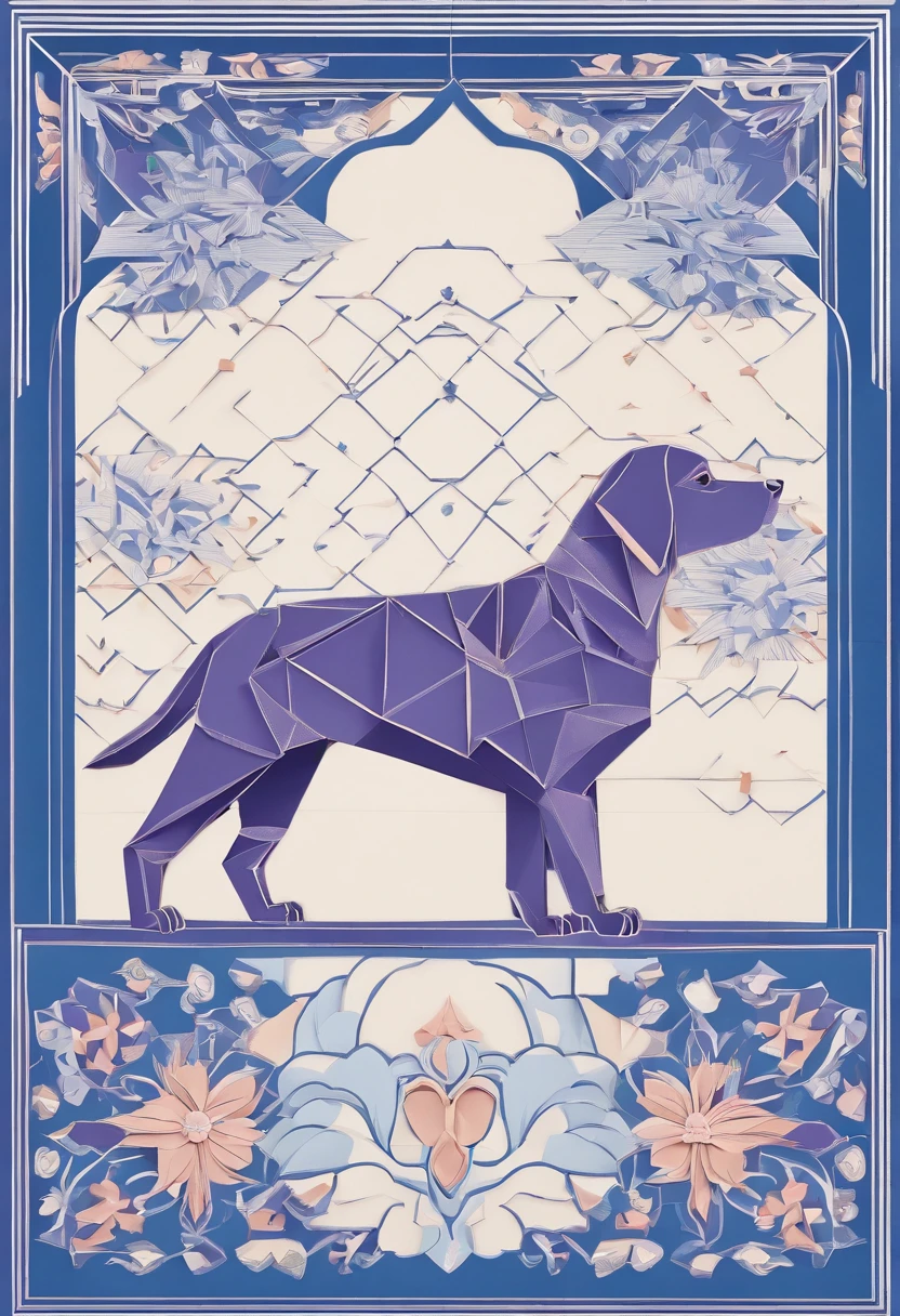 the dog is in bluein this paper cut illustration, in the style of eastern-inspired motifs, lith printing, eye-catching tags, precisionist lines, light purple and cblue, clean and sharp inking, terracotta medallions