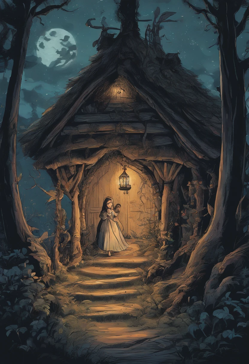 gloomy atmosphere, deeply forested, "Hut on chicken legs", literally, The old hut stands on two tall wooden pillars, An image from ancient Russian fairy tales stands on a dais and is illuminated by moonlight. An adult girl with long black hair goes to the hut. In the frame is a girl from the back. A gloomy atmosphere in the style of a modern illustration for the cover of a book.