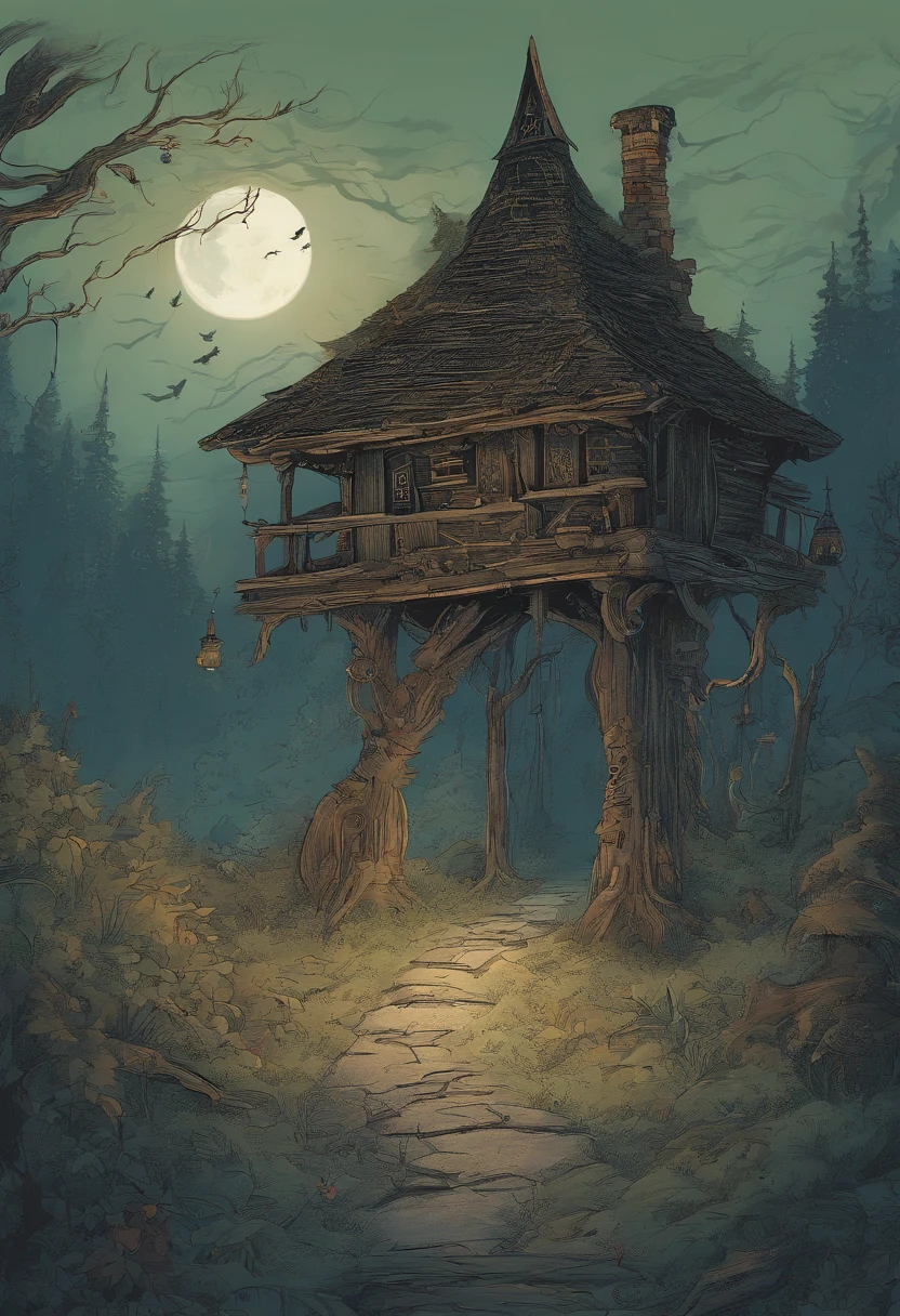 gloomy atmosphere, deeply forested, "Hut on chicken legs", literally, The old hut stands on two tall wooden pillars, An image from ancient Russian fairy tales stands on a dais and is illuminated by moonlight. An adult girl with long black hair goes to the hut. In the frame is a girl from the back. A gloomy atmosphere in the style of a modern illustration for the cover of a book.