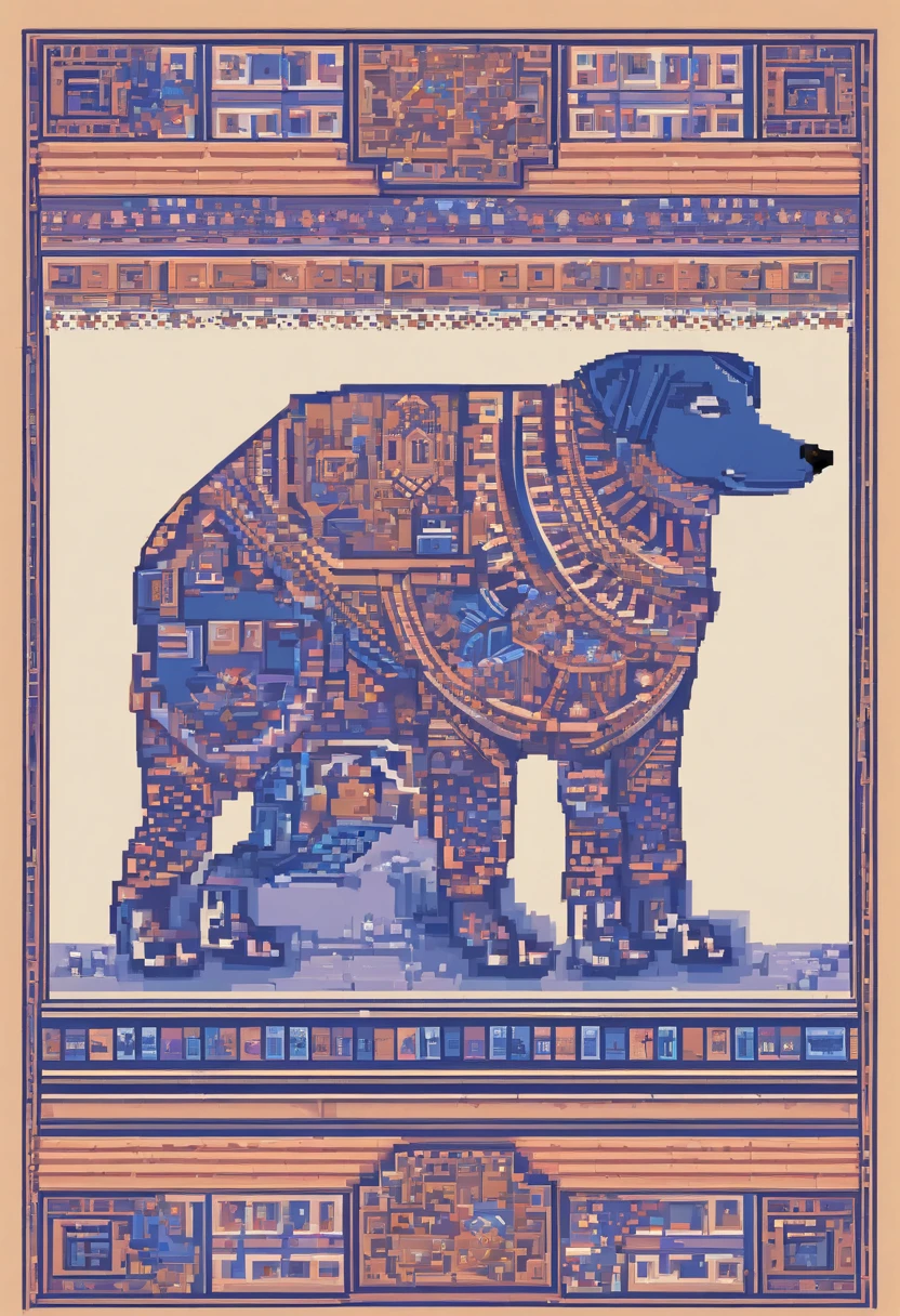 the dog is in bluein this paper cut illustration, in the style of eastern-inspired motifs, lith printing, eye-catching tags, precisionist lines, light purple and cblue, clean and sharp inking, terracotta medallions