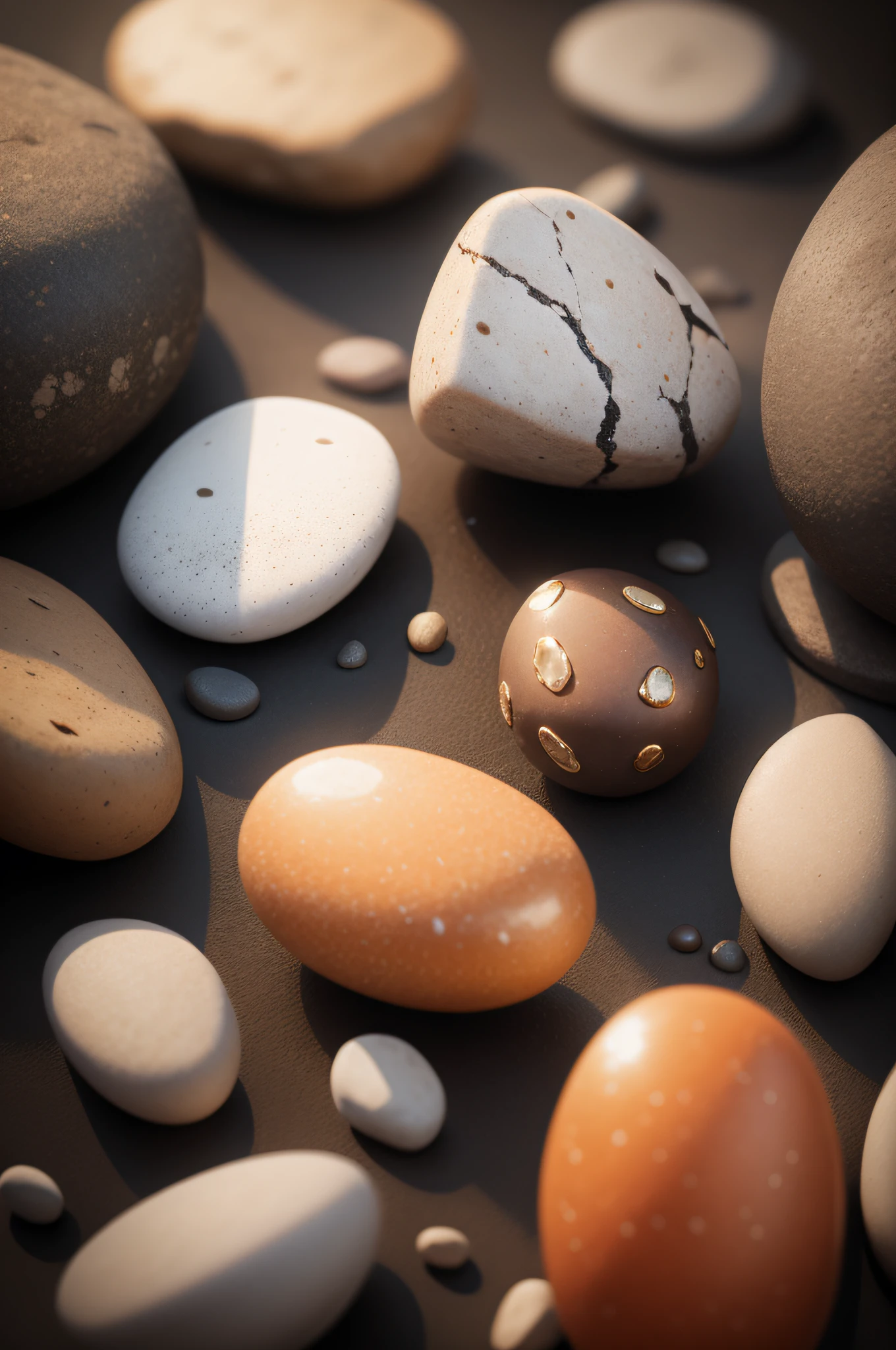 Close-up view of many pebbles, Small compact The middle one is gold