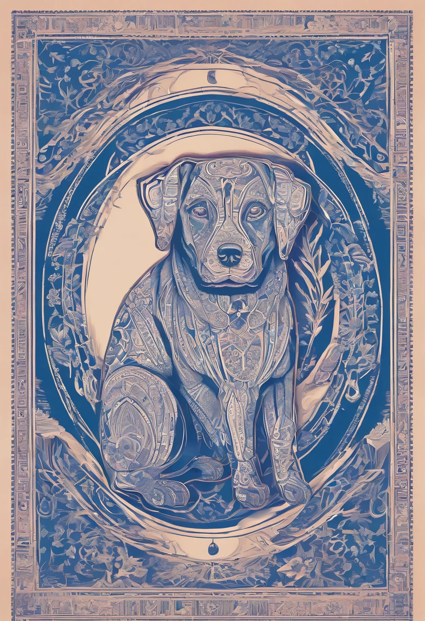 the dog is in bluein this paper cut illustration, in the style of eastern-inspired motifs, lith printing, eye-catching tags, precisionist lines, light purple and cblue, clean and sharp inking, terracotta medallions