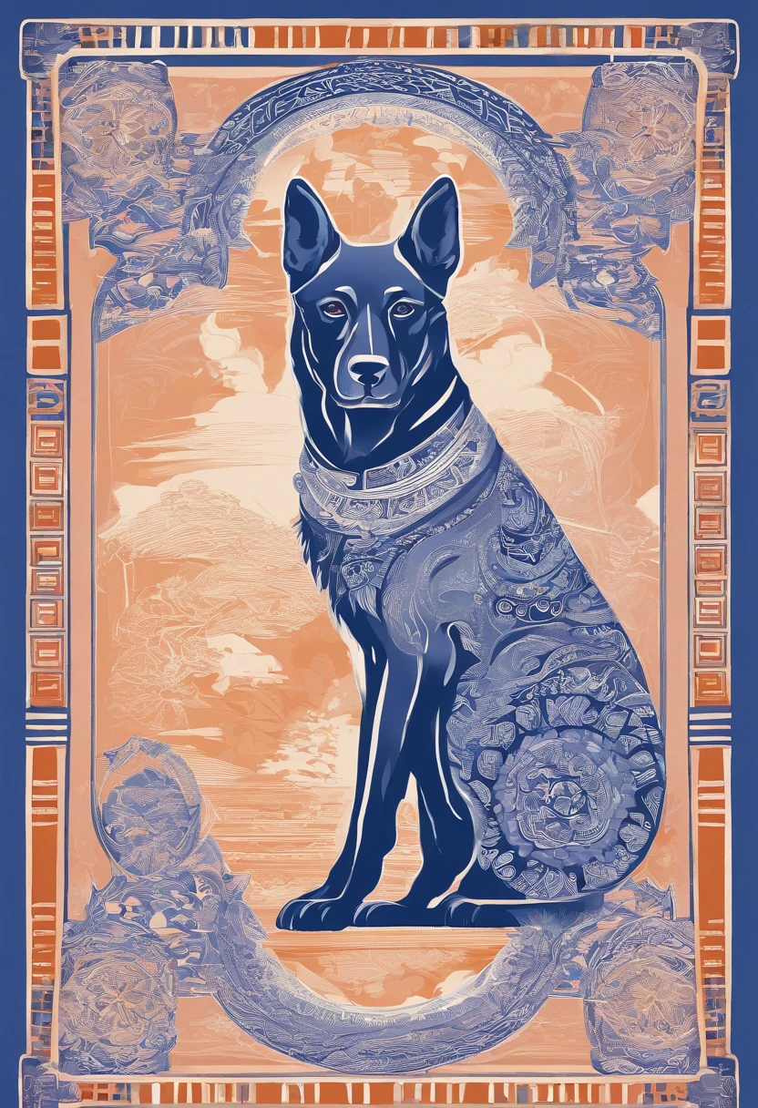 the dog is in bluein this paper cut illustration, in the style of eastern-inspired motifs, lith printing, eye-catching tags, precisionist lines, light purple and cblue, clean and sharp inking, terracotta medallions