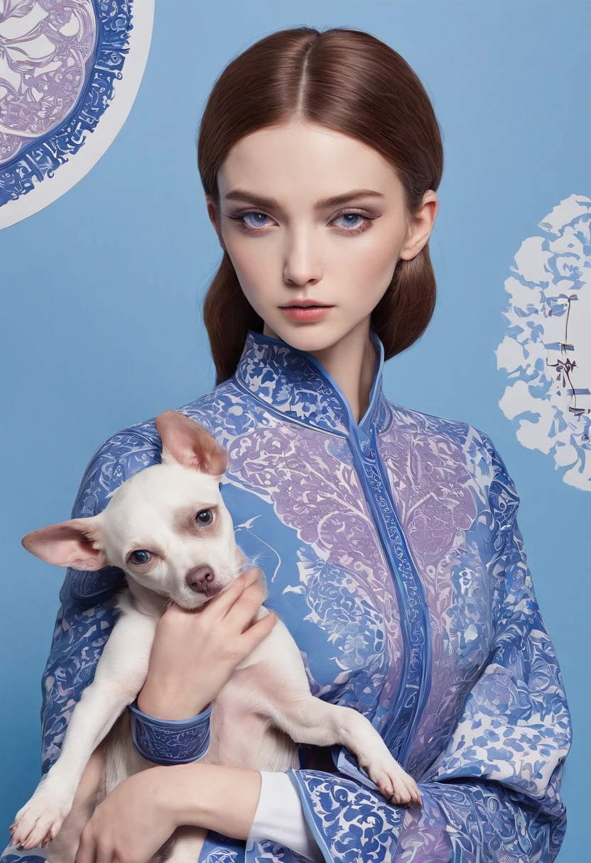 the dog is in bluein this paper cut illustration, in the style of eastern-inspired motifs, lith printing, eye-catching tags, precisionist lines, light purple and cblue, clean and sharp inking, terracotta medallions