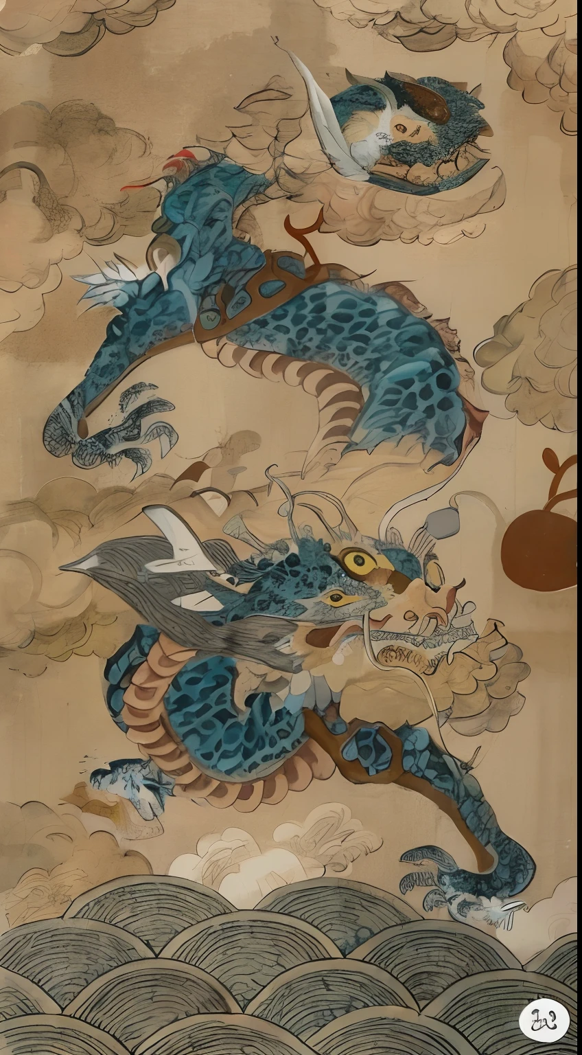 Close-up of a dragon painting on the wall, inspired by Kanō Motonobu, author：Tahara Yanagi Soda, inspired by Katsushika Ōi, author：Xiu Wen Tianzheng, inspired by Sōami, inspired by Tawaraya Sōtatsu, cloud in the shape of a dragon