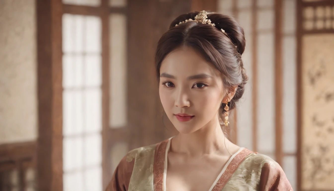 Hanfu fashion mode,Brown skin,wearing sari,Happy expression on face, Detal Face, Extremely realistic, 8K, insanely details, intricately details, Cinematic color graded, Sexual sexy, Big breasts and deep breasts, In bed sexy pose, On the bedroom bed