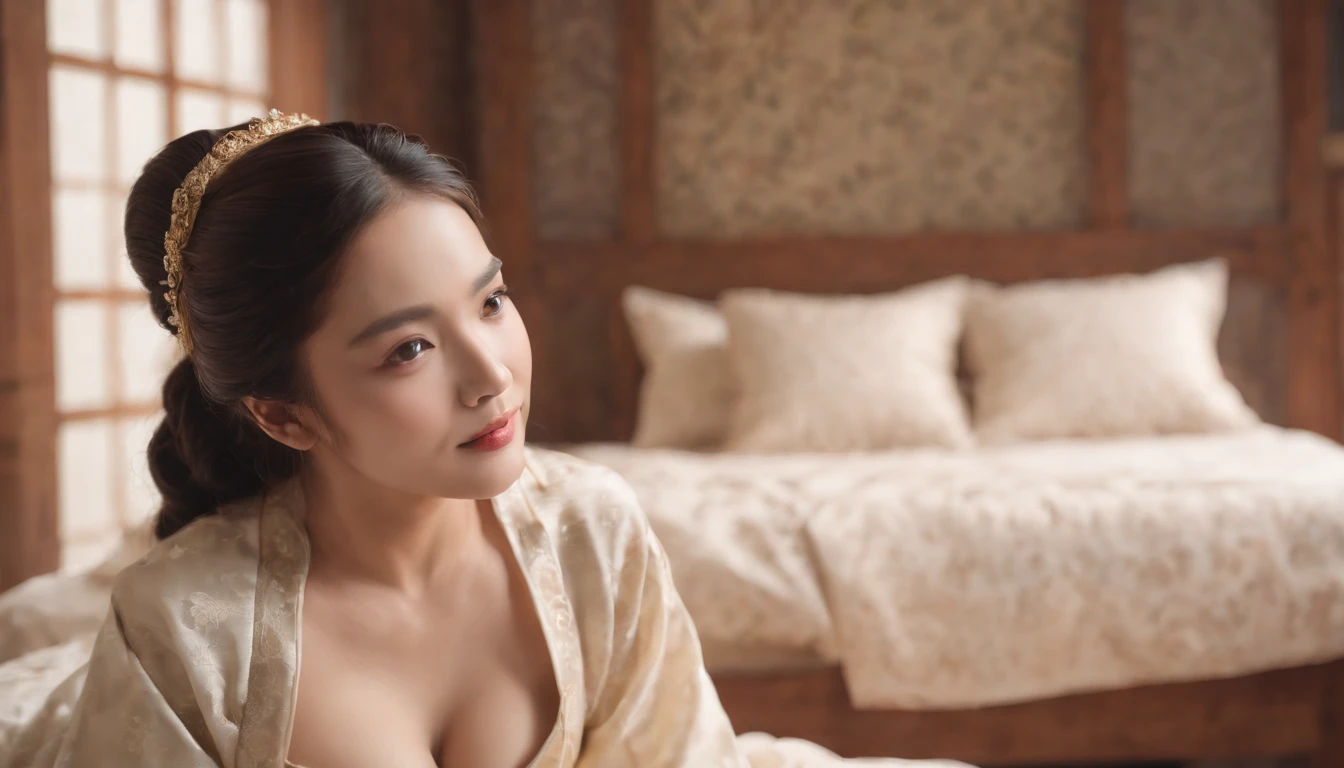 Hanfu fashion mode,Brown skin,wearing sari,Happy expression on face, Detal Face, Extremely realistic, 8K, insanely details, intricately details, Cinematic color graded, Sexual sexy, Big breasts and deep breasts, In bed sexy pose, On the bedroom bed