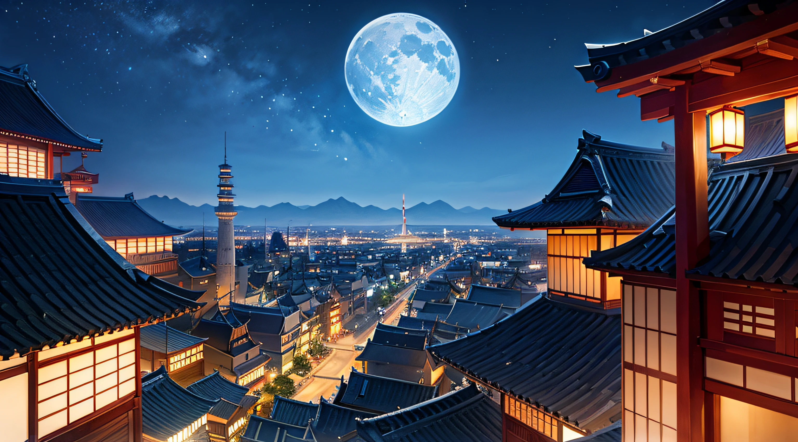 City of the Moon、It's like Edo in Japan、The big earth shines blue in the sky、Partially accented cityscape with modern elements、A castle tower-like building in the middle、A city with beautiful nights、On the outskirts of the city, The lunar desert spreads out