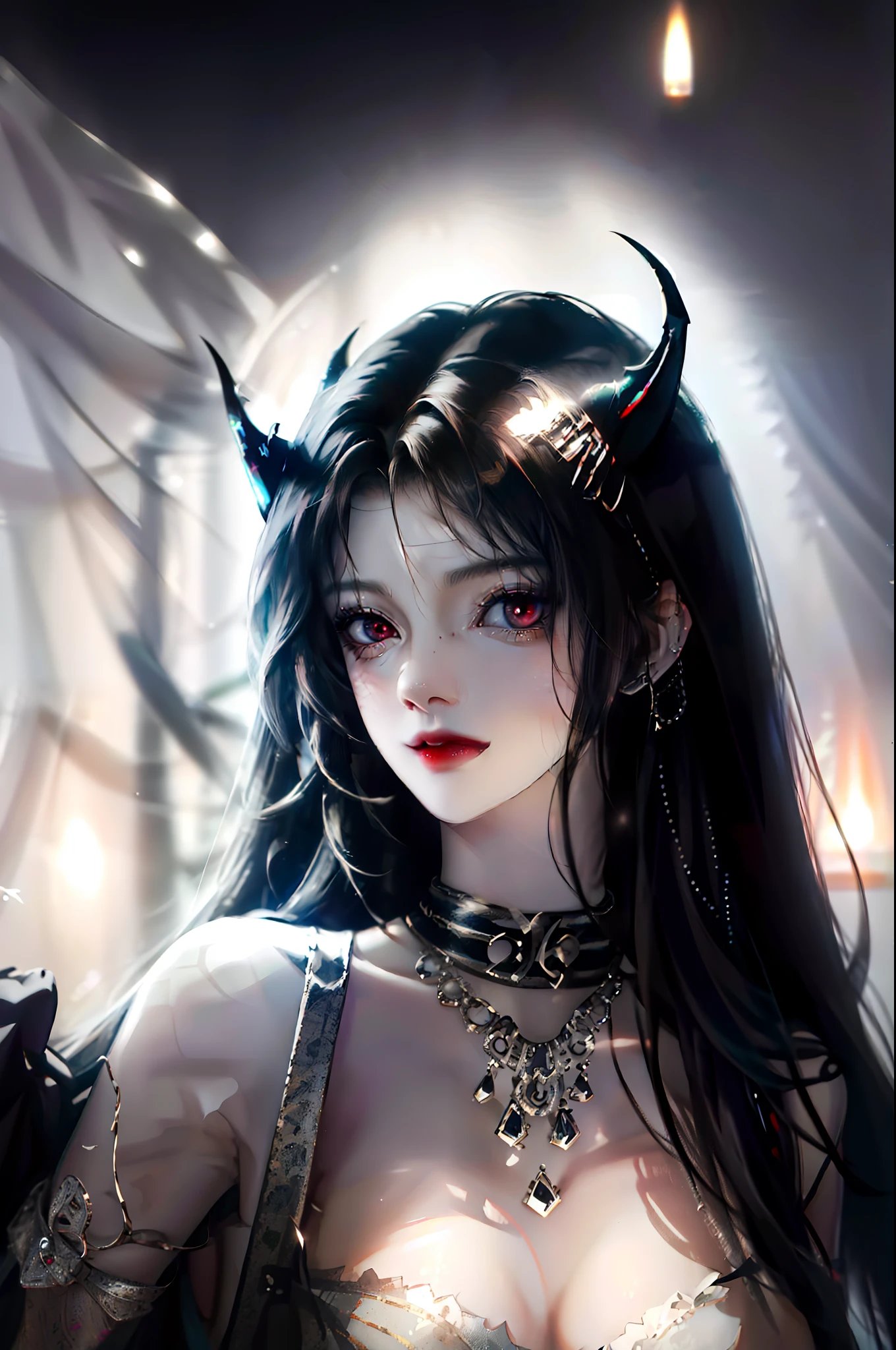 Fierce girl, half skull and beautiful with long hair