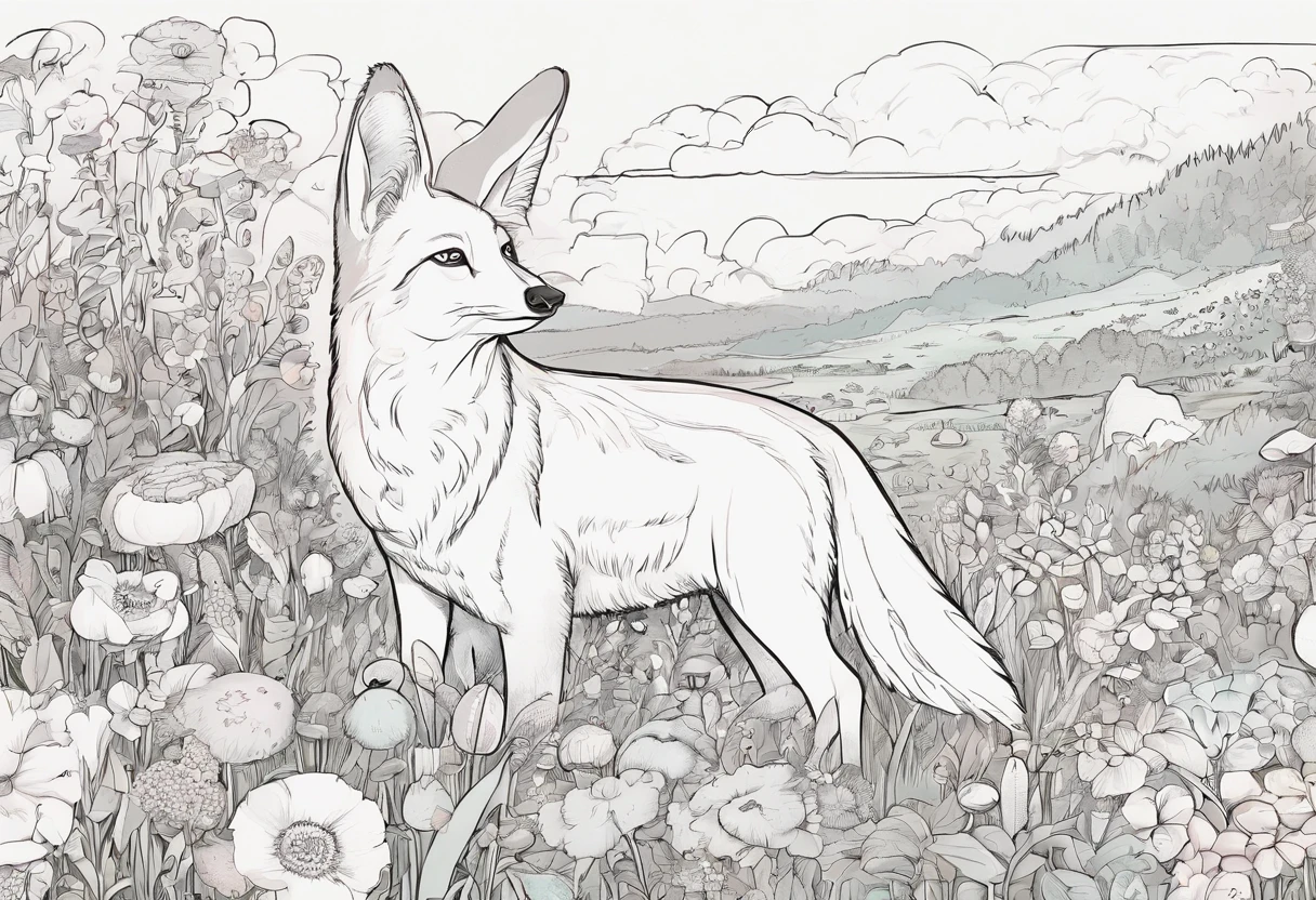 There are photos of various animals in a flower field, line art illustration, ln the forest, Hand drawn illustrations, illustration, pattern designs, Fantasy Forest