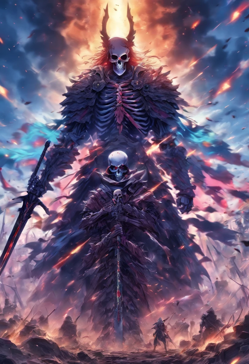 Skeleton warrior standing on a massive battlefield in apocalyptic world. Huge sword pointed in his direction.