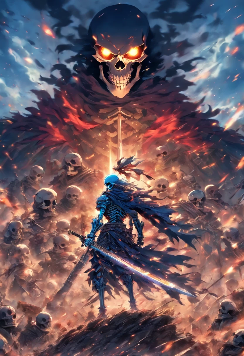Skeleton warrior standing on a massive battlefield in apocalyptic world. Huge sword pointed in his direction.