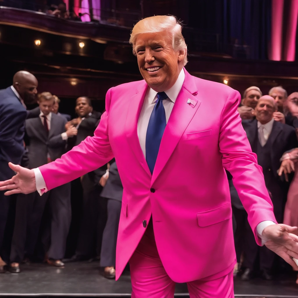 Trump dances on the Broadway stage,Pink suit