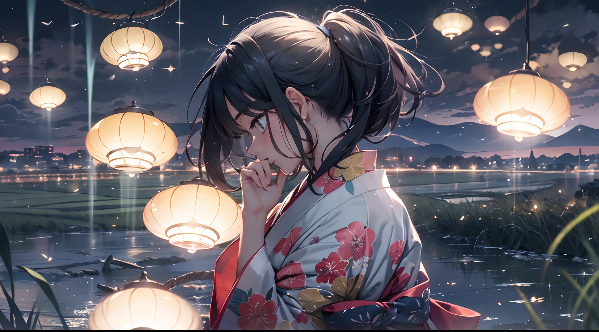 Masterpiece, illusion, Highest Quality, natta, Cloudy night, Oborotsuki, ((Fireflies)), ((countryside)), (countryside), River surface, Adult woman wearing a yukata, Heavy evening fog, Flowing evening fog, dry ice, thick fog, confession, regret, loneliness, Long black hair, Hair luster, after the rain, Whole body, Overhead, Sync Lantern, sorrow, separation, reminiscence, thought